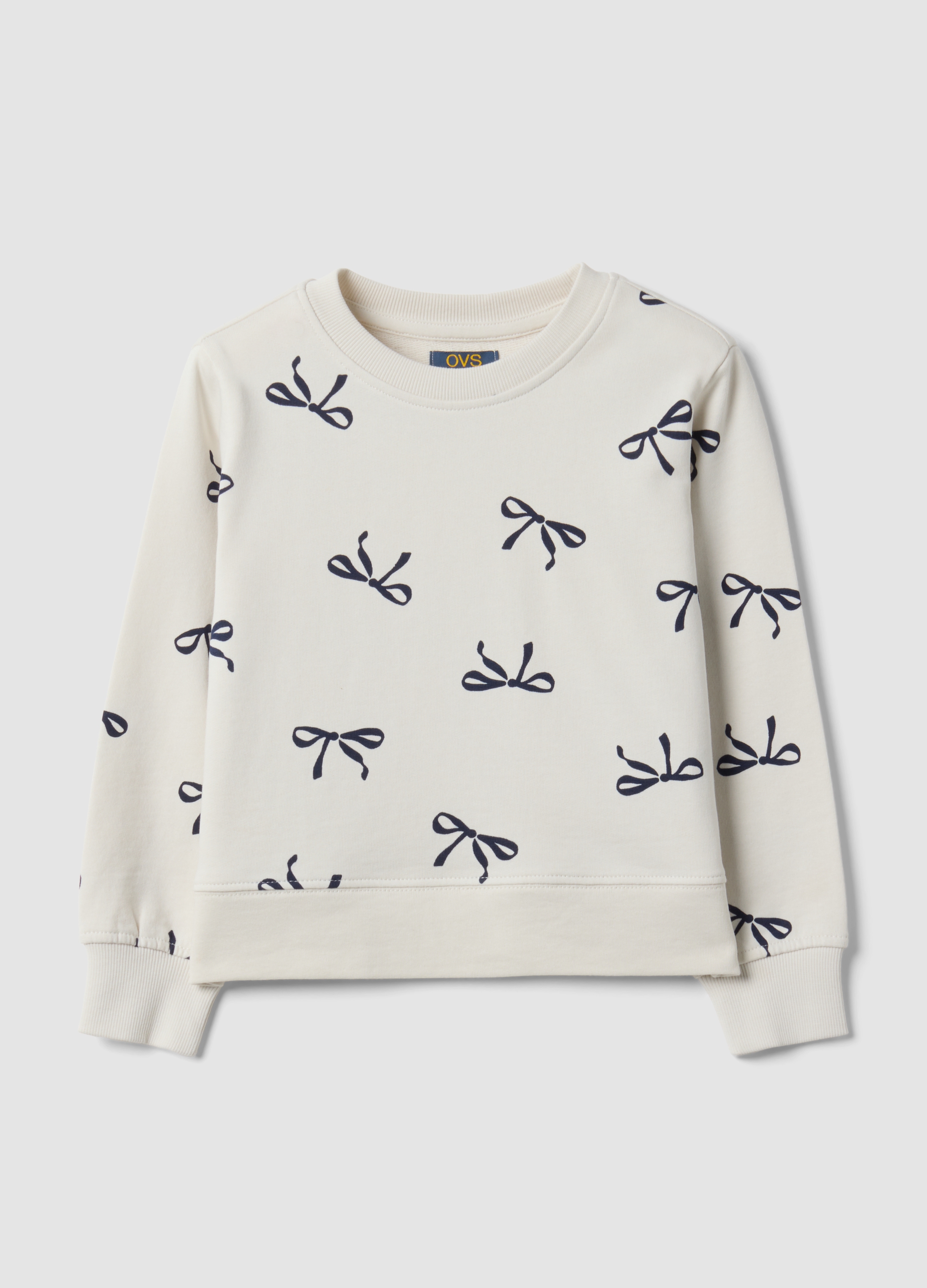 OVS KIDS, Felpa Bianca In Puro Cotone Con Stampa Fiocchi E Girocollo Per Bambina, Bianco, Taglia: 3-4