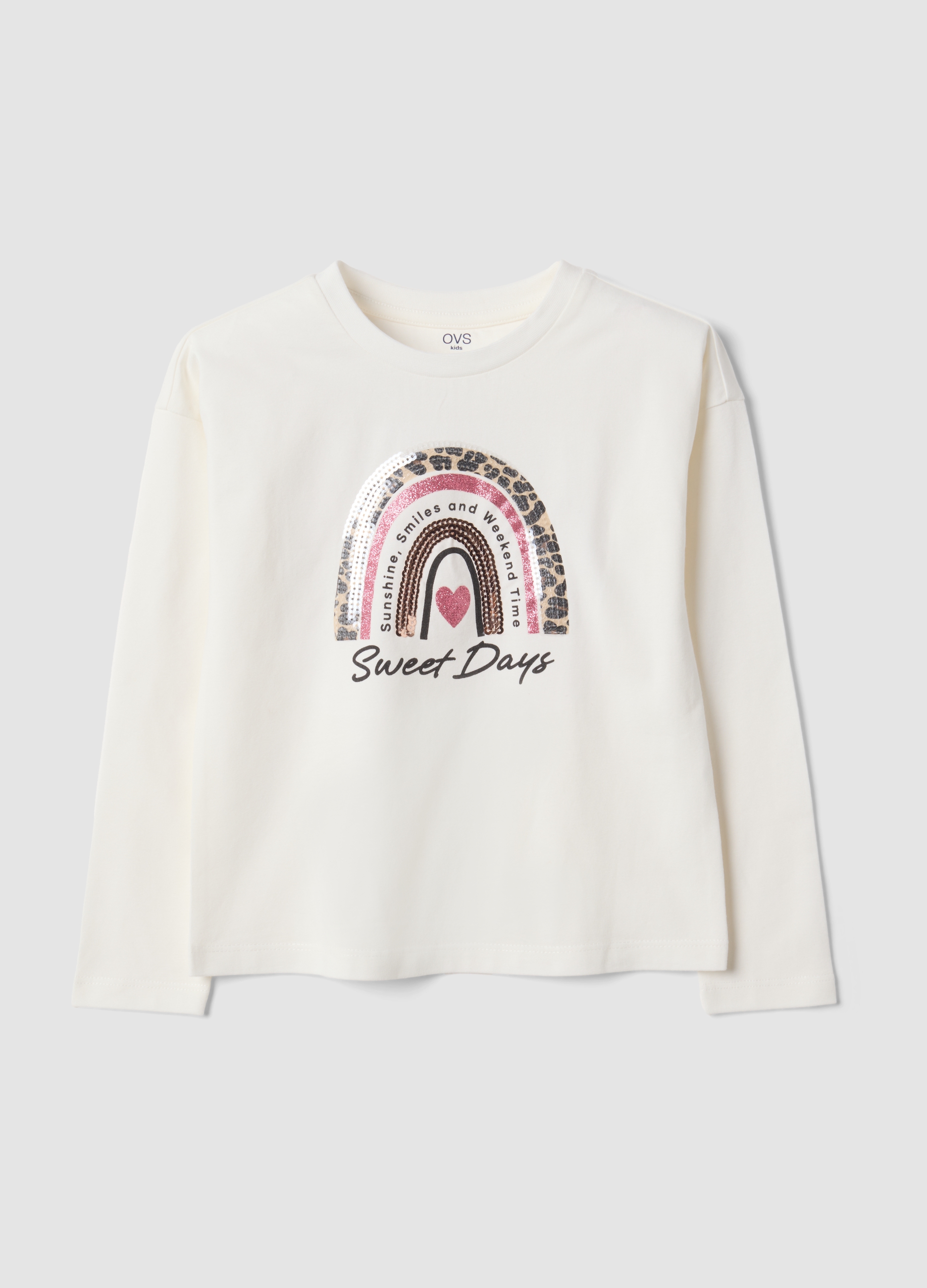 OVS KIDS, T-shirt Bianca In Cotone Elasticizzato Con Girocollo, Bambina, Bianco, Taglia: 4-5