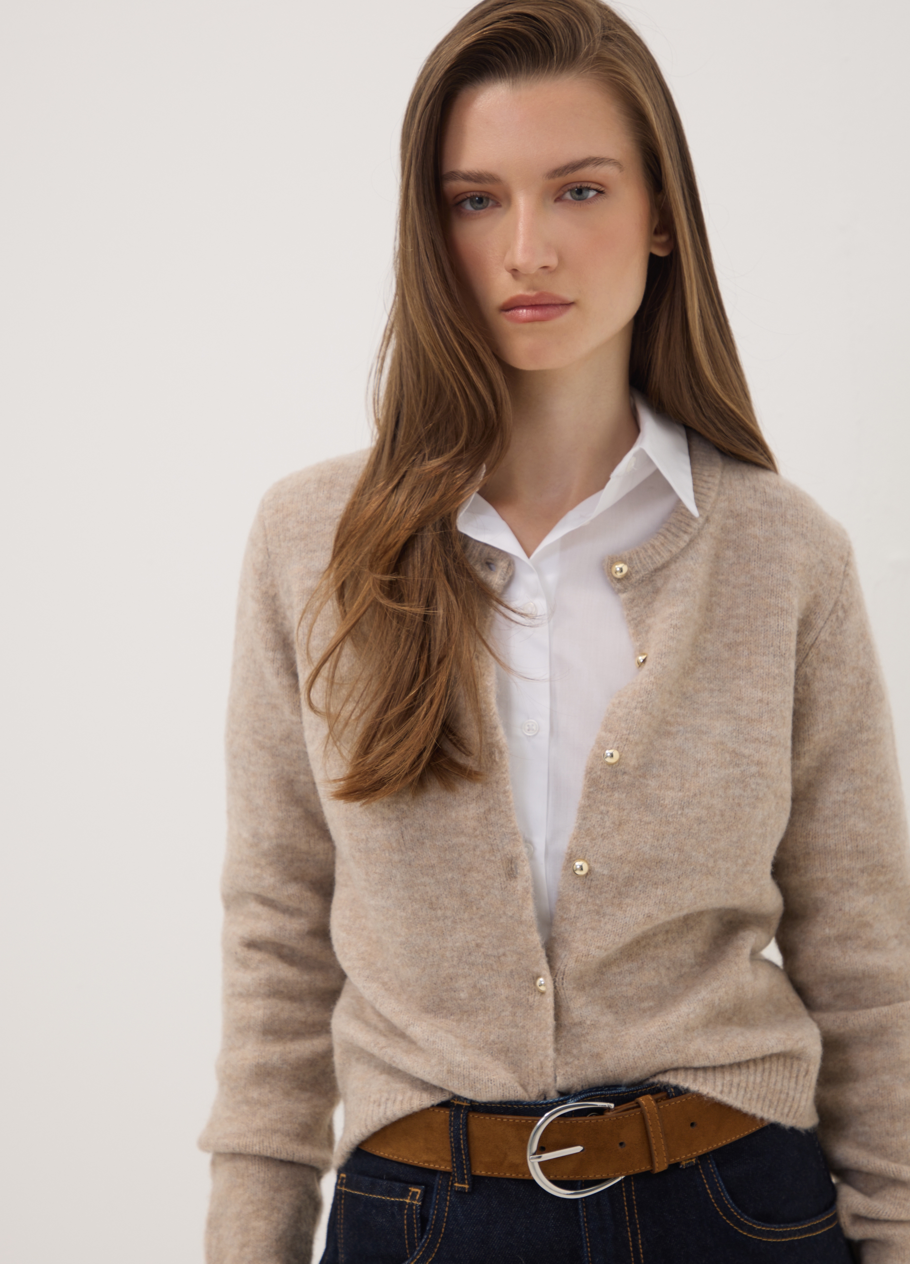 OVS, Cardigan Beige In Lana Elasticizzata A Girocollo Regular Fit, Donna, Beige, Taglia: L
