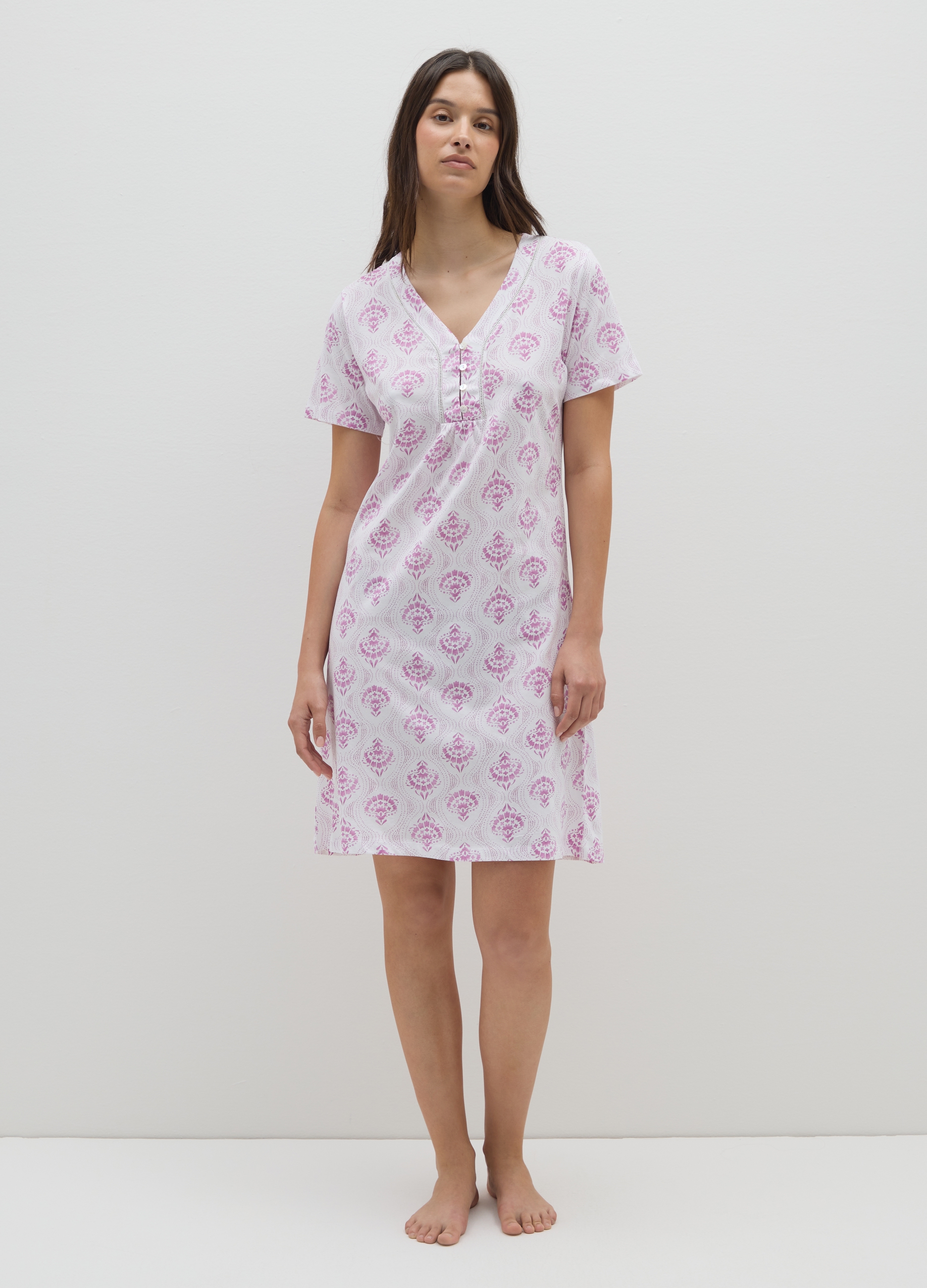 Vestido Largo De Mujer En Puro Algodón Multicolor, Mujer, Blanco/rosa, Talla: 48