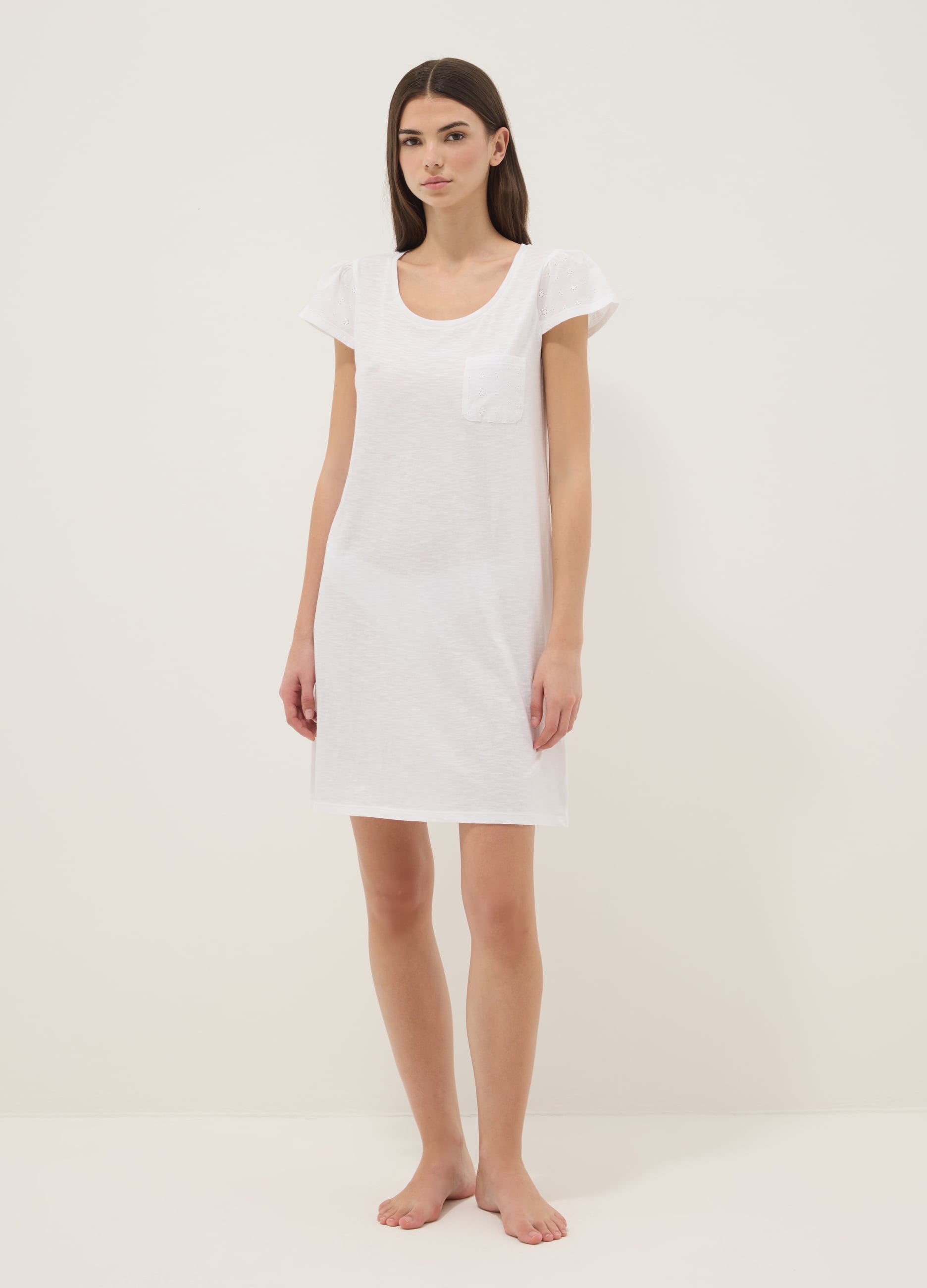 Ovs Donna Bianco Camicia Da Notte Bianca In Puro Cotone Con Taschino, Taglia: L