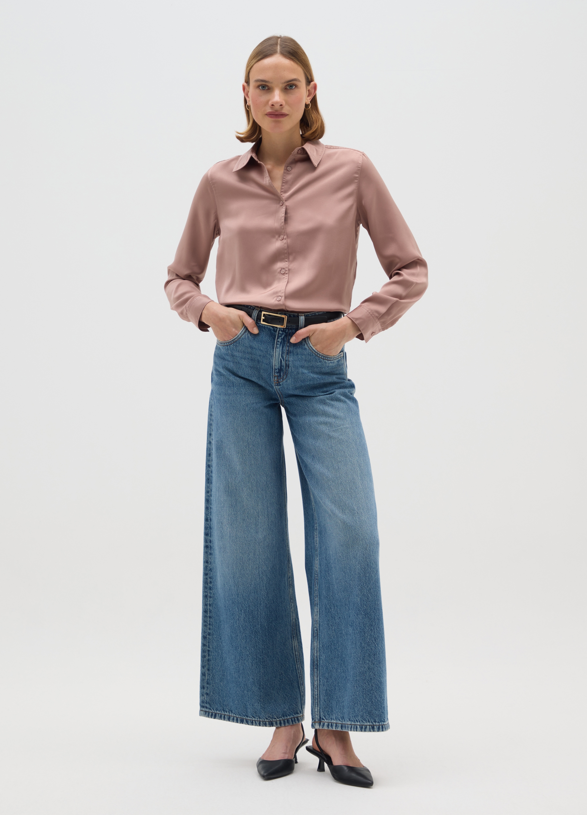 Camisa De Satén Rosa Ajuste Regular, Mujer, Rosa pastel, Talla: 38