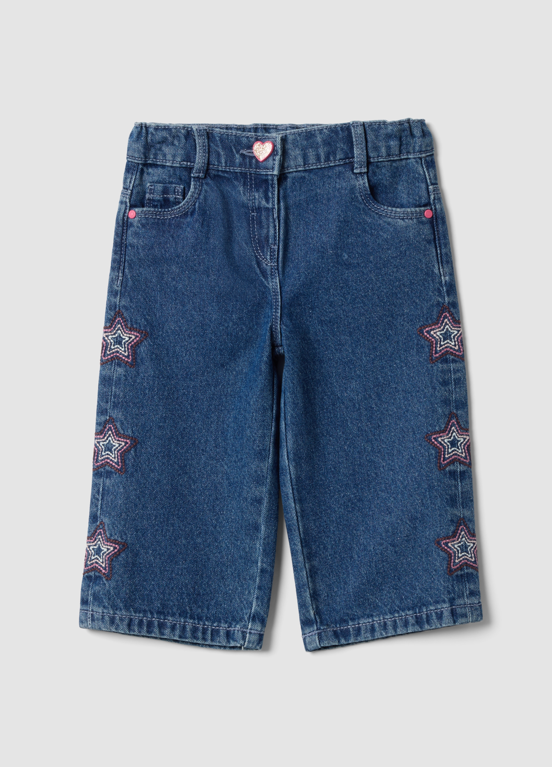 FAGOTTINO, Jeans Blu Wide Leg In Puro Cotone Con Stelle Ricamate Per Bimba, Bambina, Blu, Taglia: 9-12