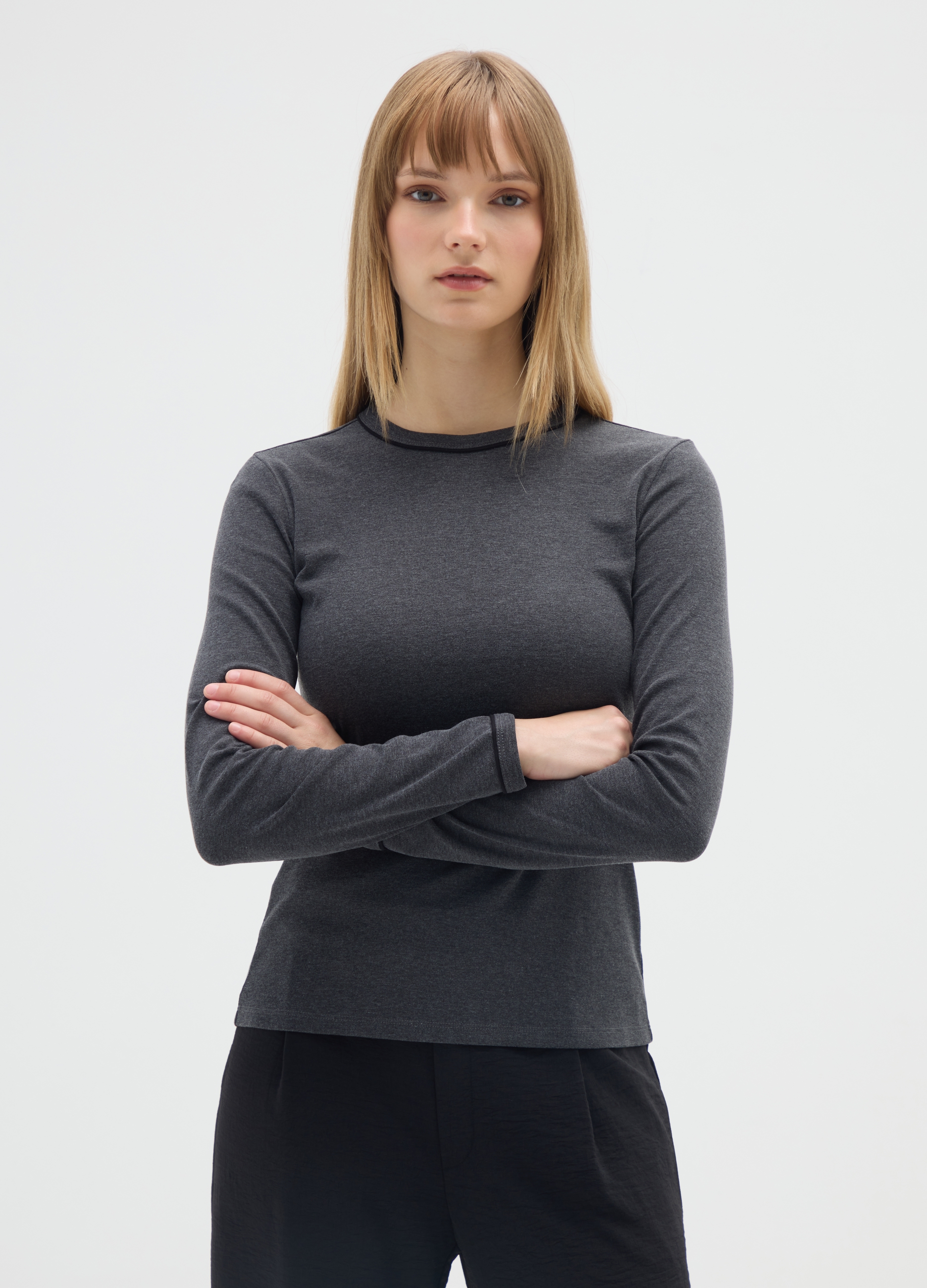 OVS , Maglietta Grigia A Maniche Lunghe In Cotone, Donna, Nero, Taglia: M