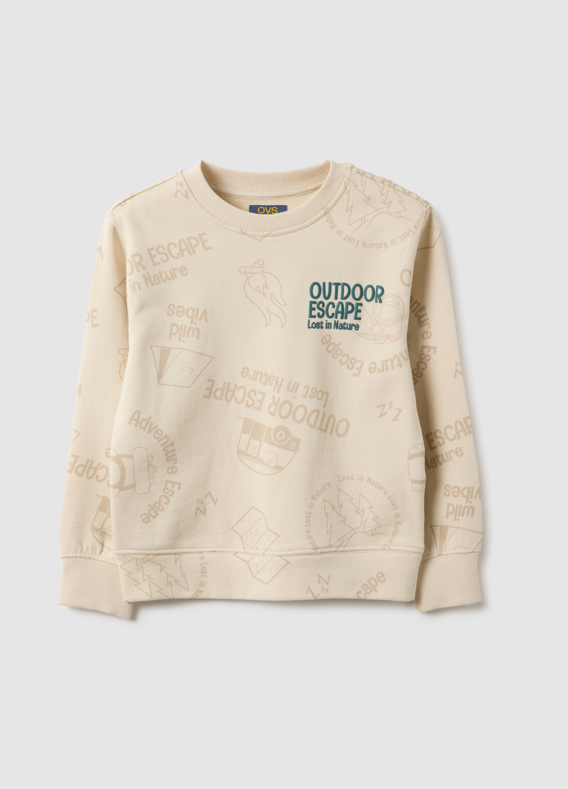 OVS KIDS, Sudadera De Niño En Puro Algodón Beige, Ajuste Regular Con Estampado, Niño, Beige Claro, Talla: 6-7