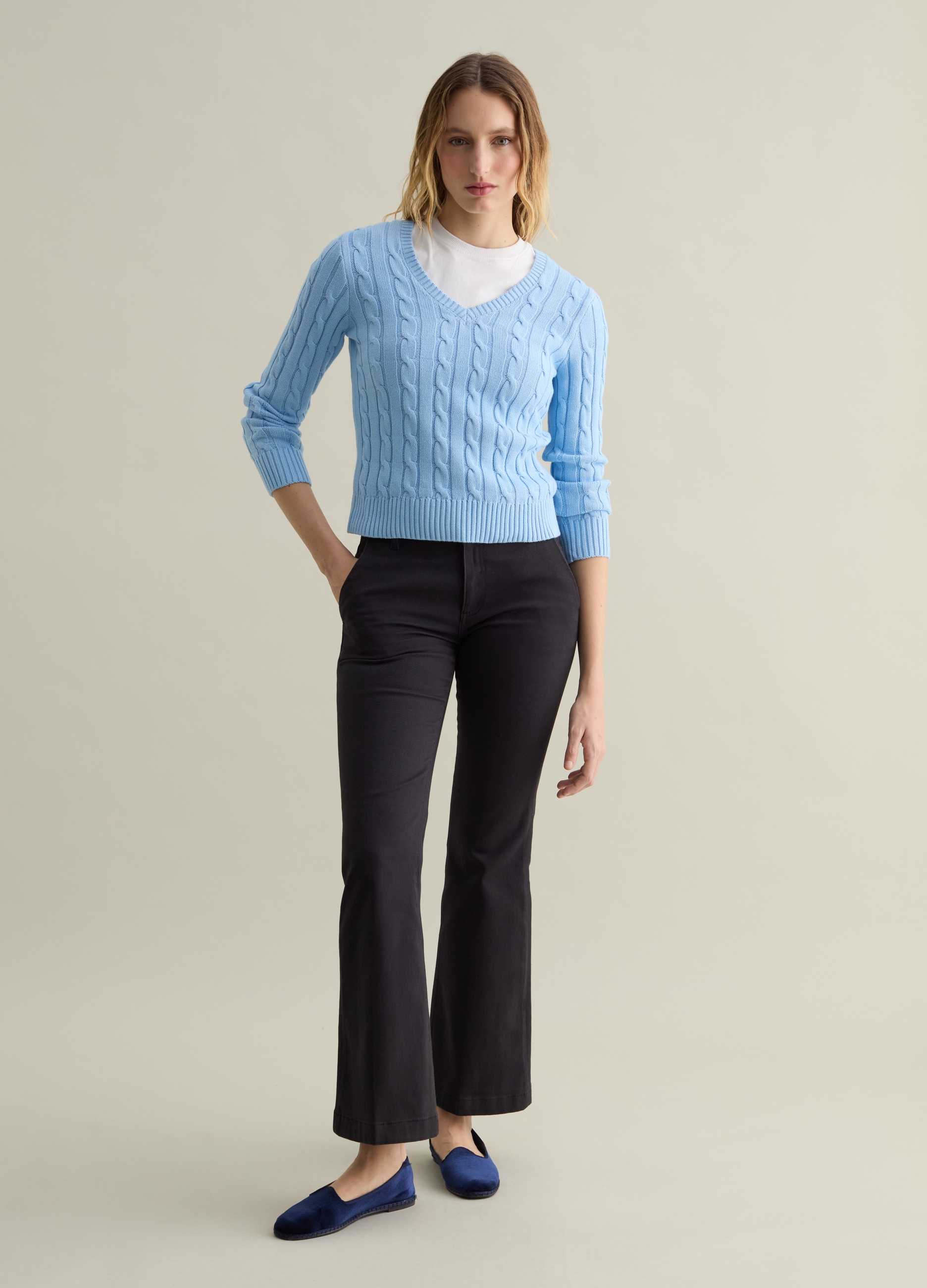 PIOMBO, Pullover A Trecce Con Scollo A V, Donna, Azzurro, Taglia: XL