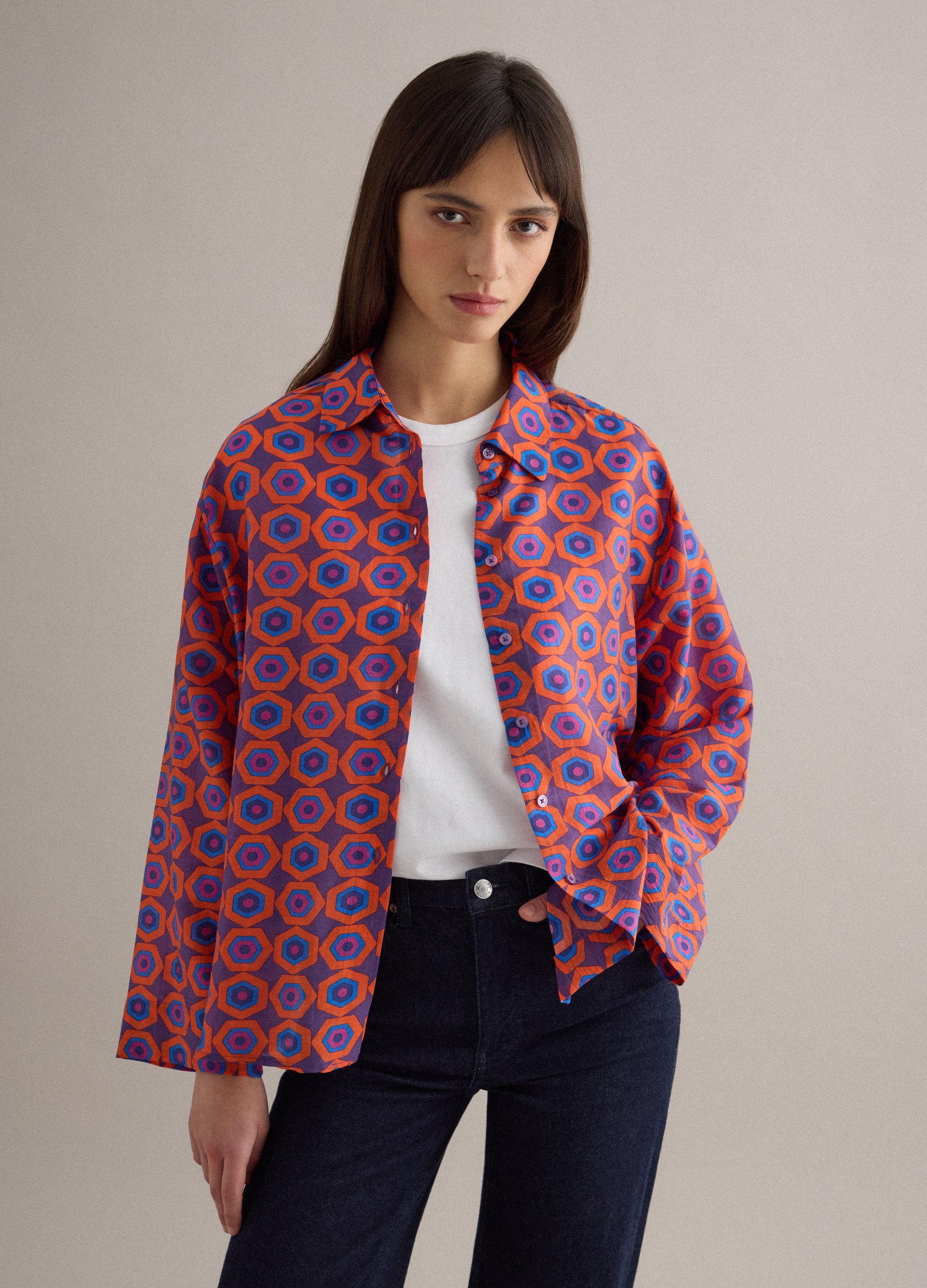 PIOMBO, Camisa De Ajuste Regular En Mezcla De Lyocell Multicolor Con Estampado Geométrico, Mujer, Naranja/Morado, Talla: 34