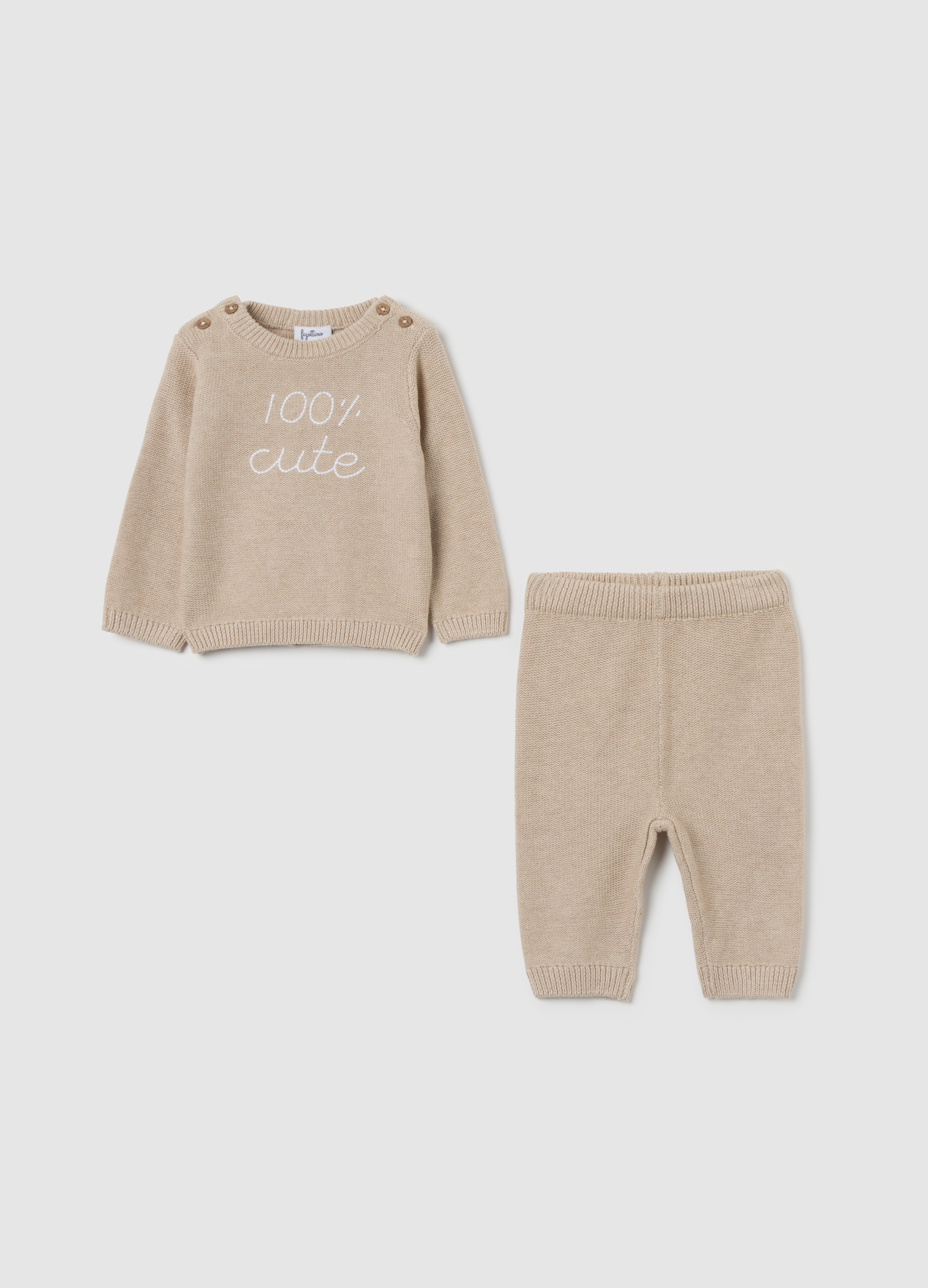 FAGOTTINO, Conjunto De Recién Nacido En Algodón Beige Puro Con Bordado, Unisex, Beige Claro, Talla: 3-6