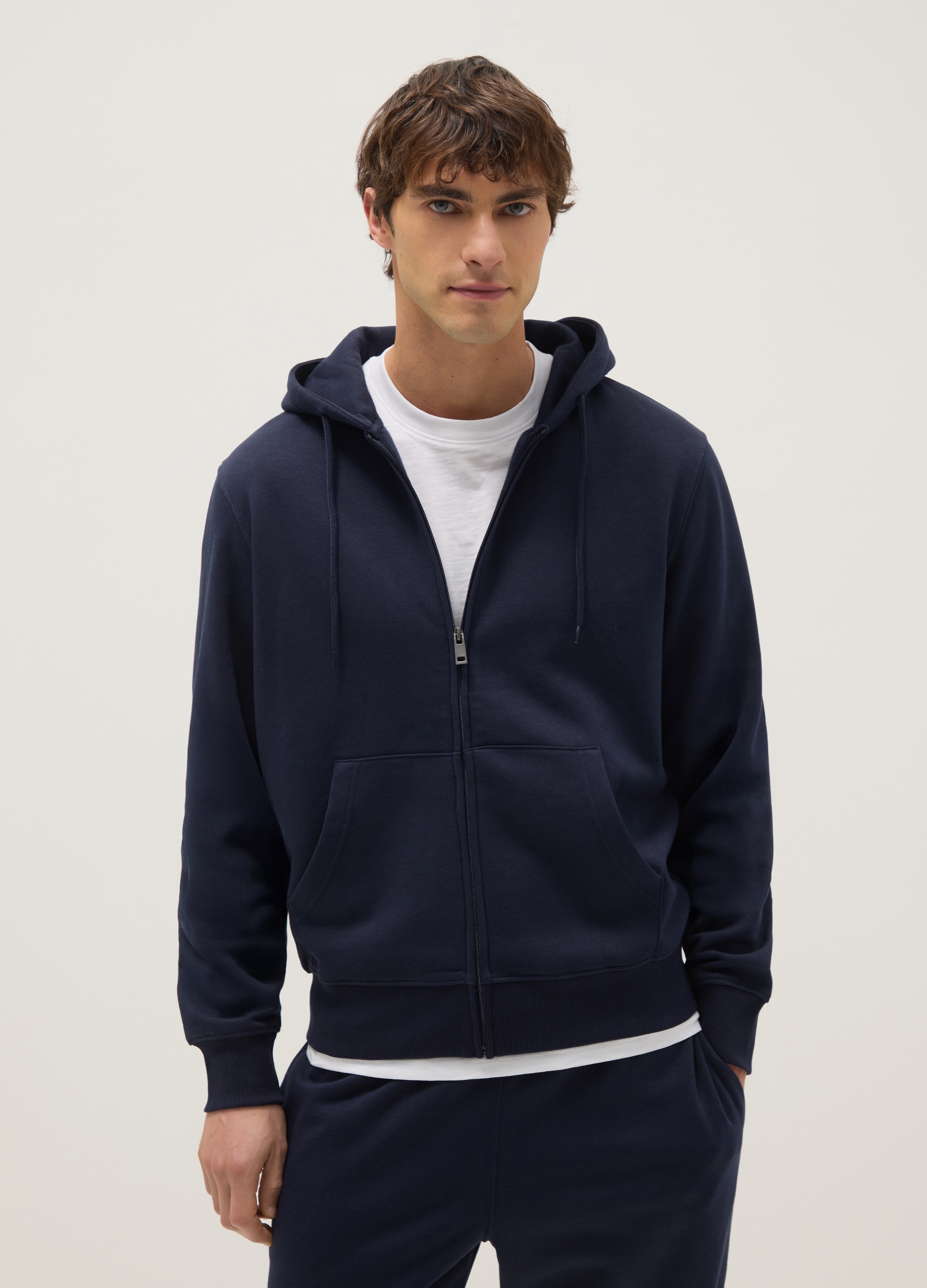 Sudadera Azul Regular Fit De Mezcla De Algodón Con Cremallera Y Capucha, Hombre, Azul marino, Talla: XL