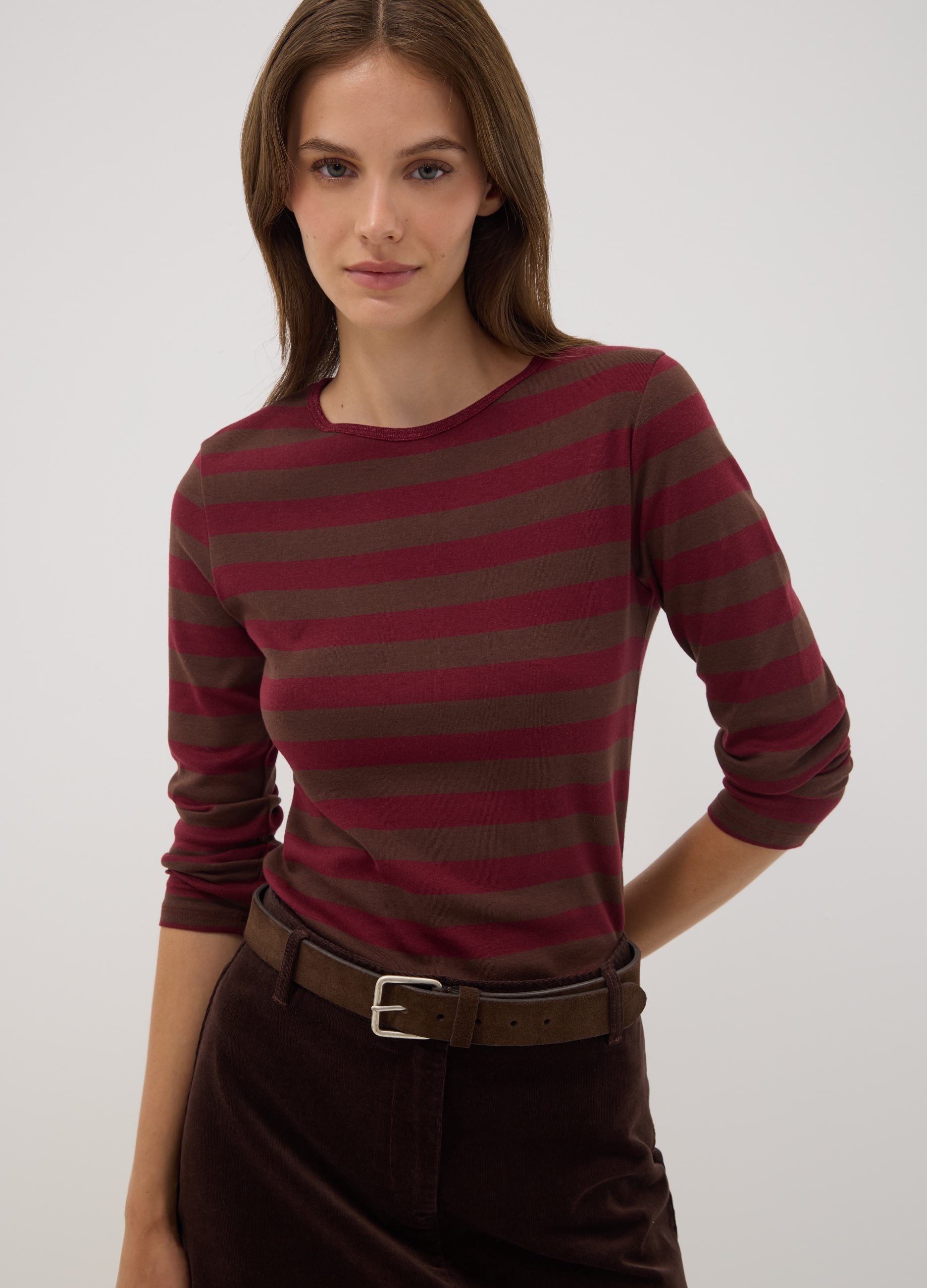 OVS, T-shirt Marrone A Righe In Puro Cotone Con Girocollo, Donna, Marrone, Taglia: L