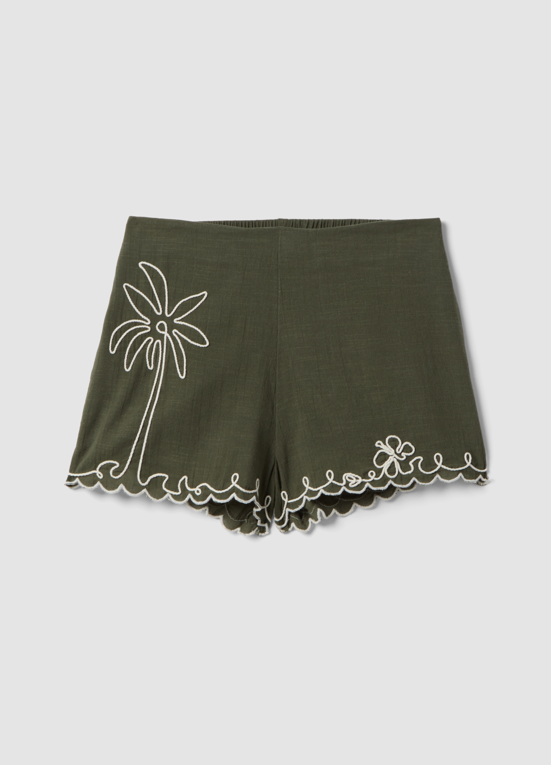Short Verde De Algodón Puro Regular Fit Con Bordados, Mujer, Verde oscuro, Talla: 42