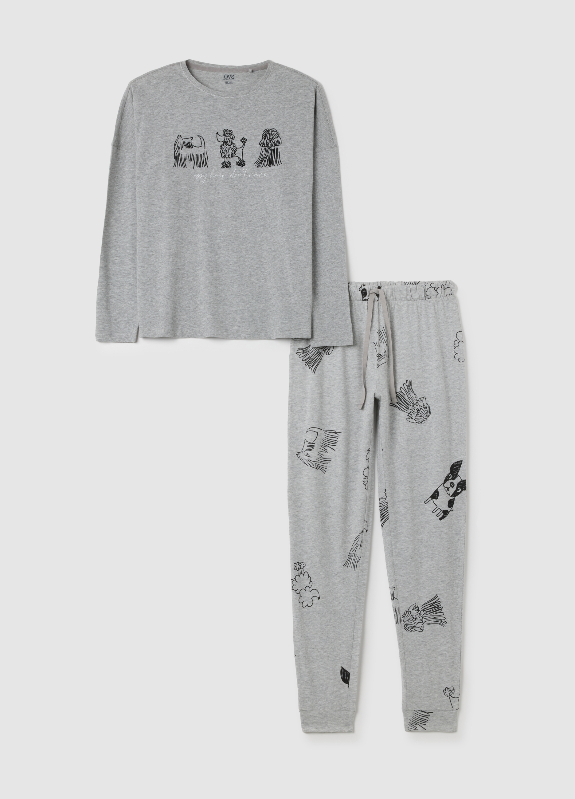 Pigiama In Cotone Grigio Con Stampe, Mujer, Gris jaspeado, Talla: XL