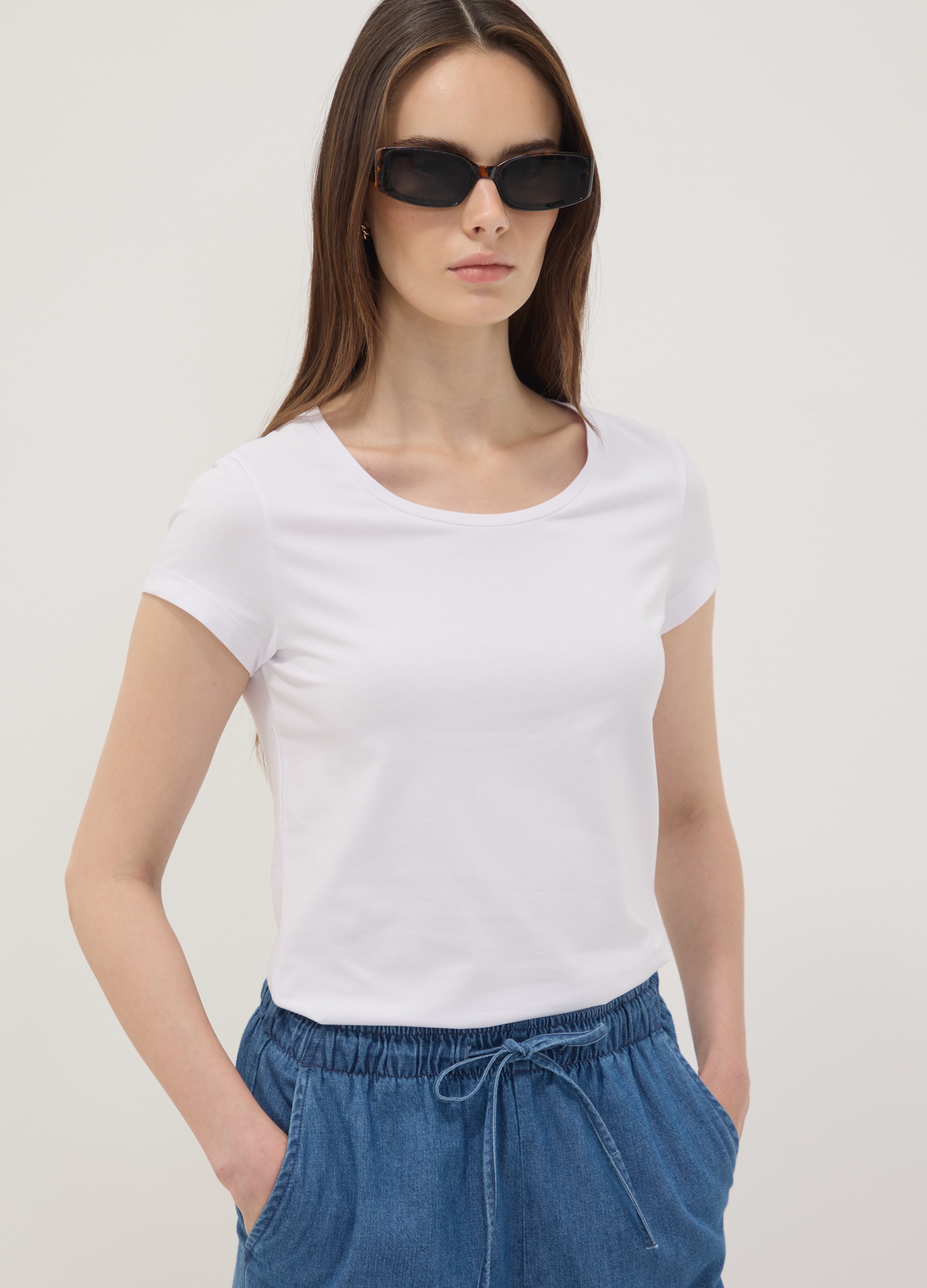 OVS, T-shirt Bianca In Cotone Elasticizzato A Girocollo Regular Fit, Donna, Bianco, Taglia: XXL