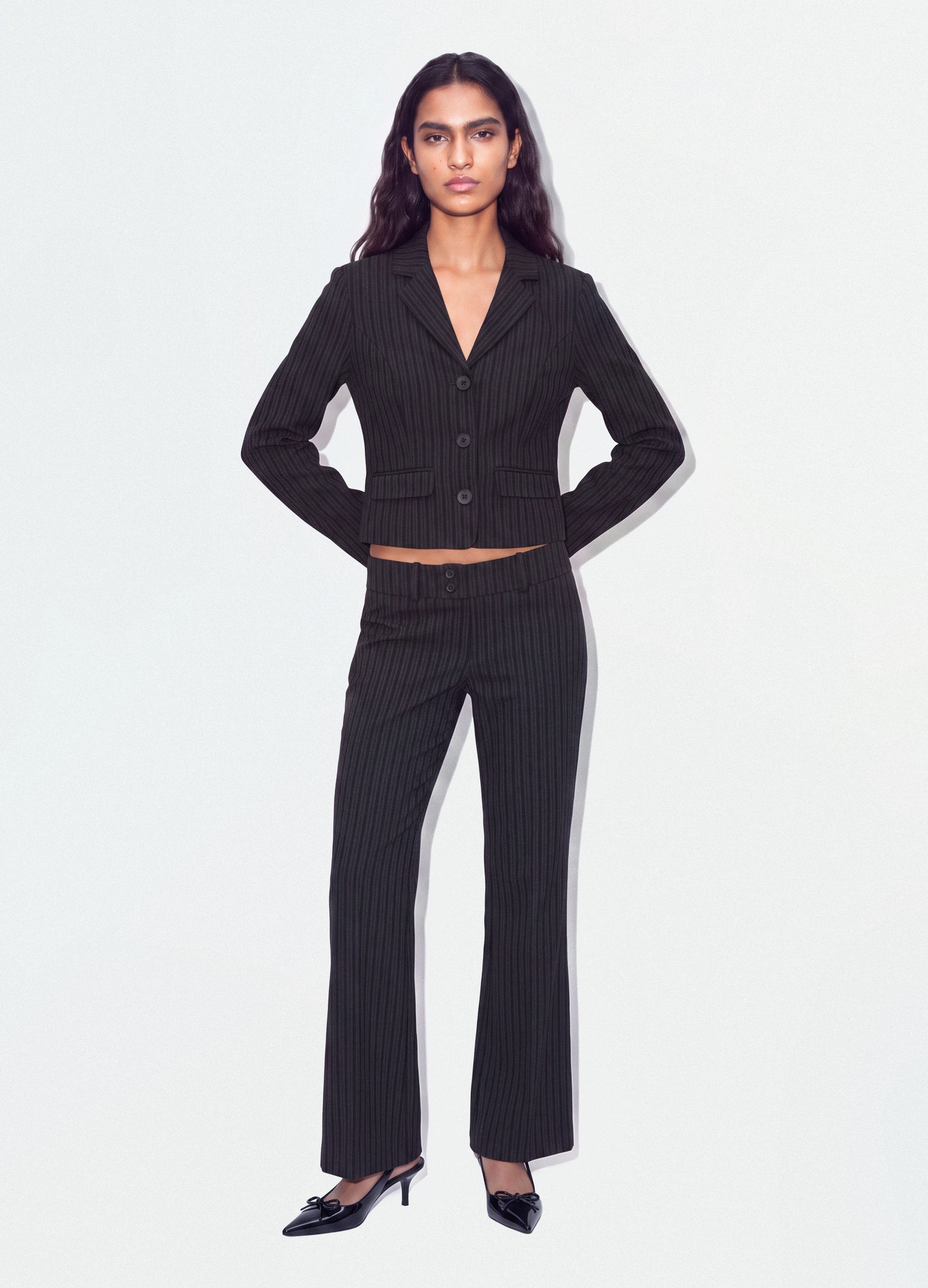 B.ANGEL, Pantaloni Neri Flare In Viscosa Elasticizzata Con Fantasia Gessata, Donna, Nero, Taglia: 40