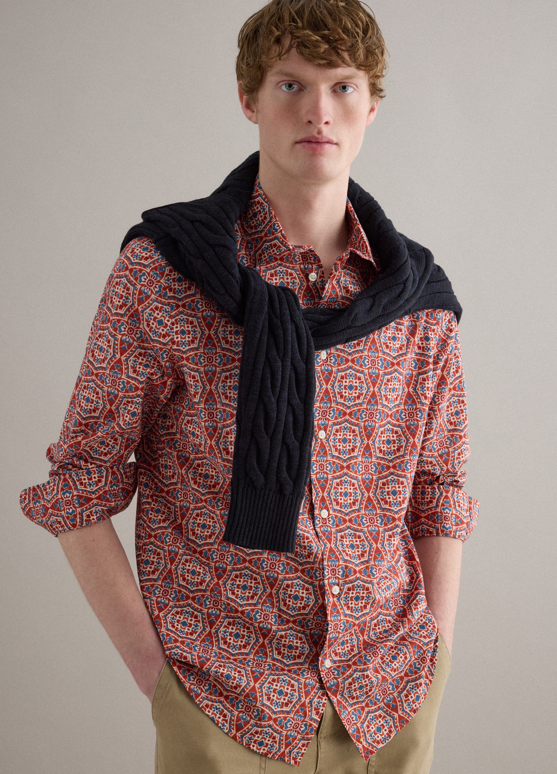 PIOMBO, Camisa Multicolor De Algodón Puro Regular Fit Con Estampado, Hombre, Azul/naranja, Talla: M