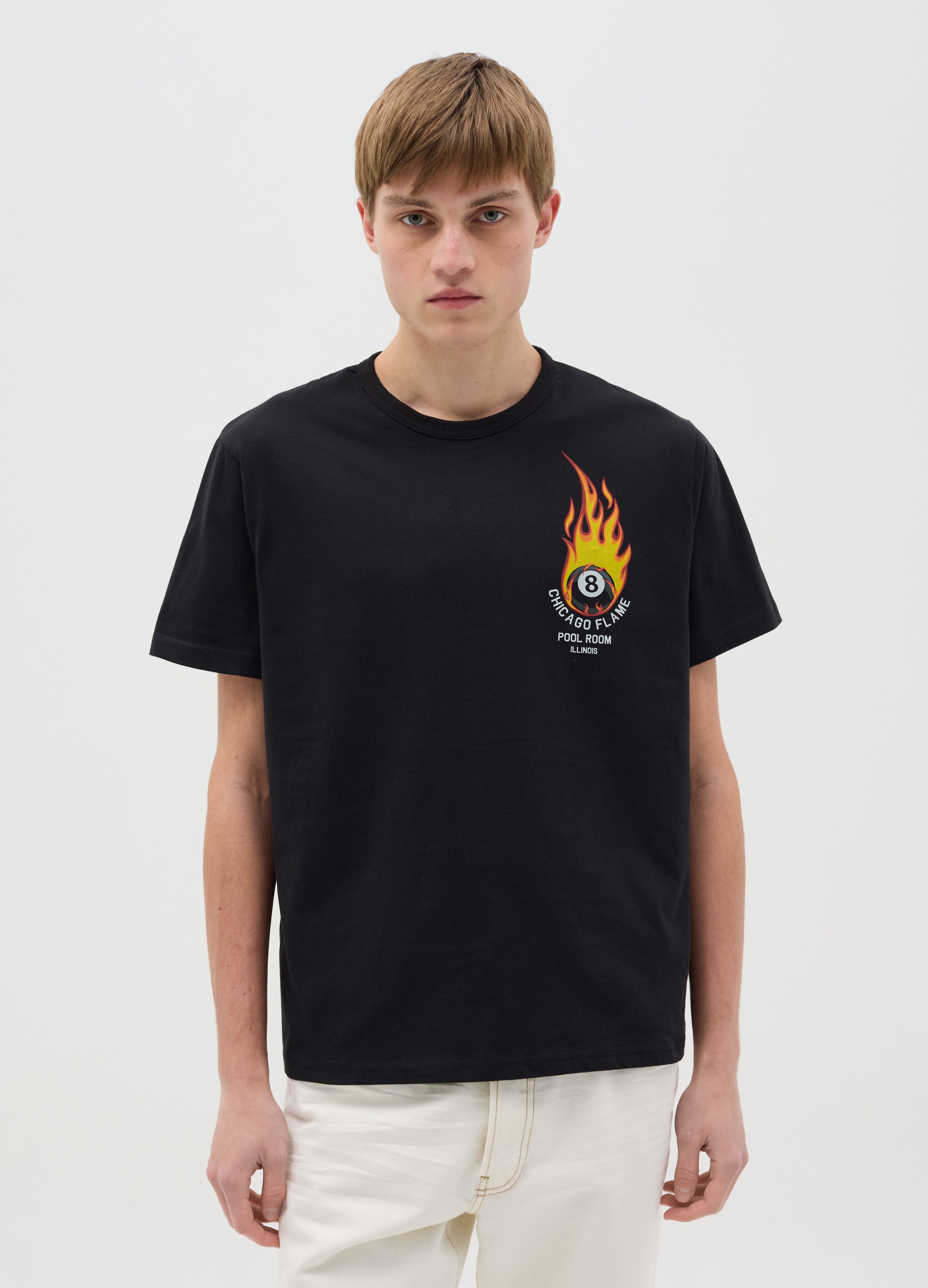 OVS , T-shirt In Cotone Con Stampa Palla Da Biliardo Infuocata, Uomo, Nero, Taglia: S