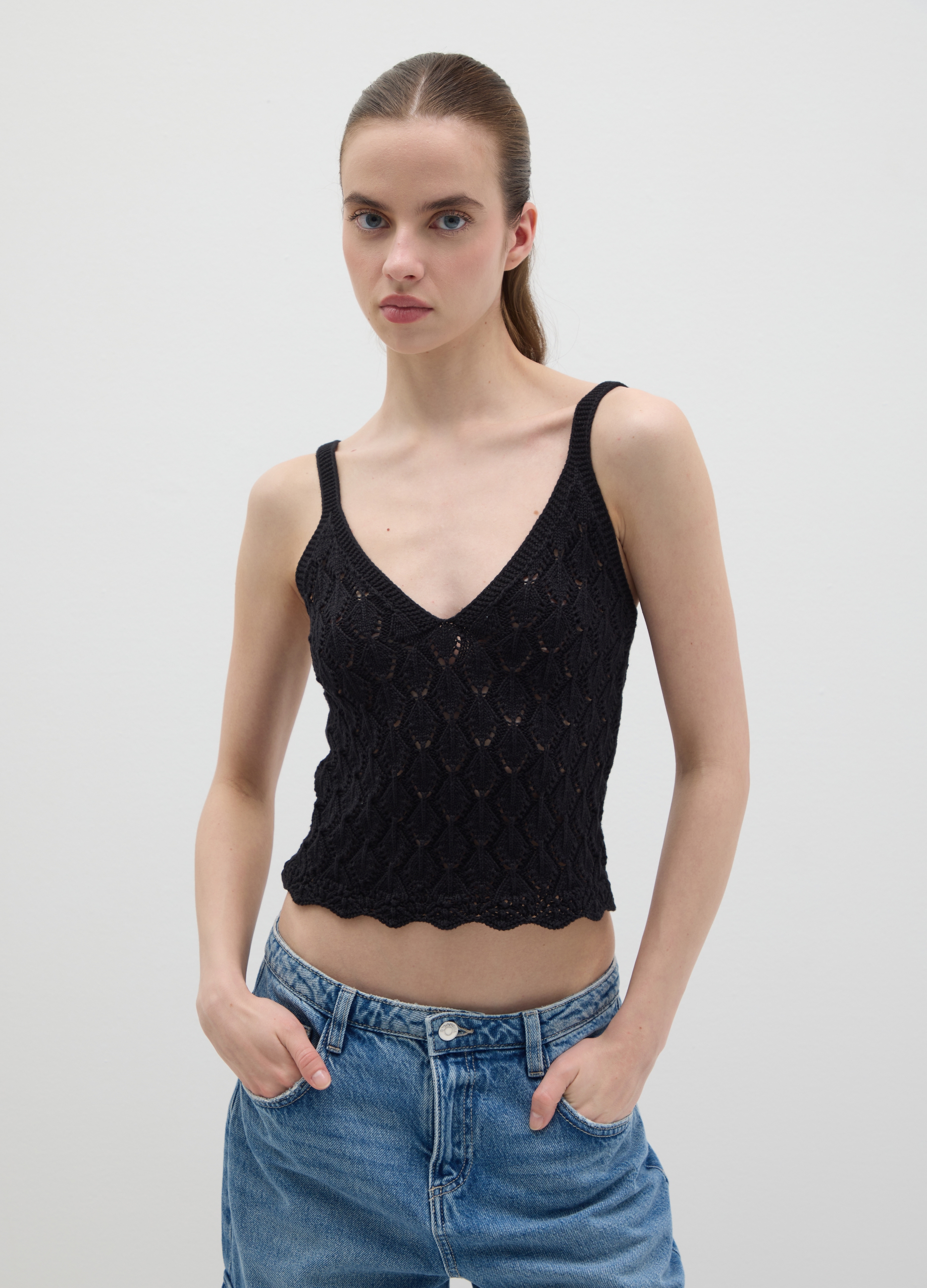 OVS, Top Corto Da Donna In Puro Cotone Nero Regular Fit Con Maglia Traforata, Nero, Taglia: L