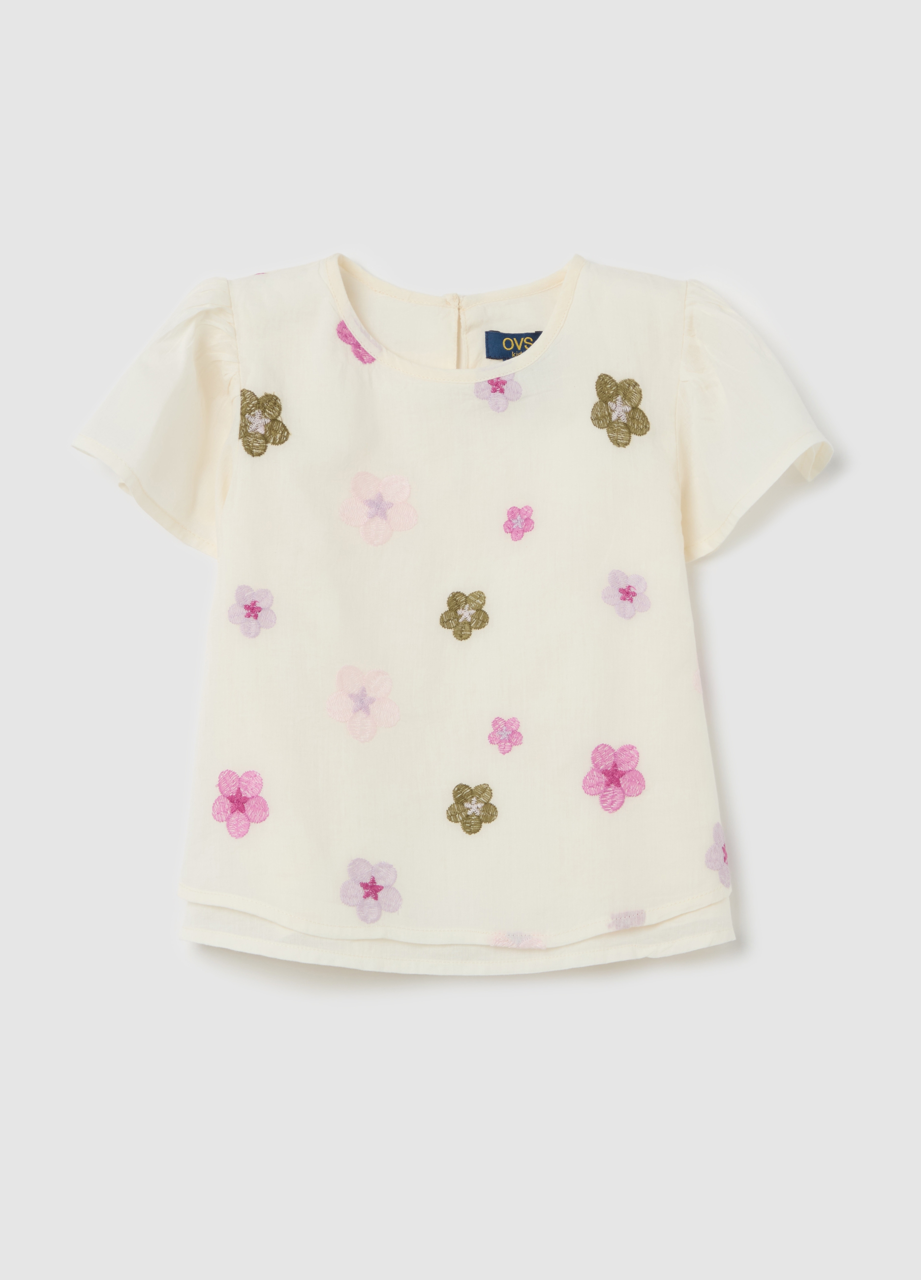 OVS, Blusa In Cotone Con Ricamo Fiorellini, Bambina, Bianco, Taglia: 3-4