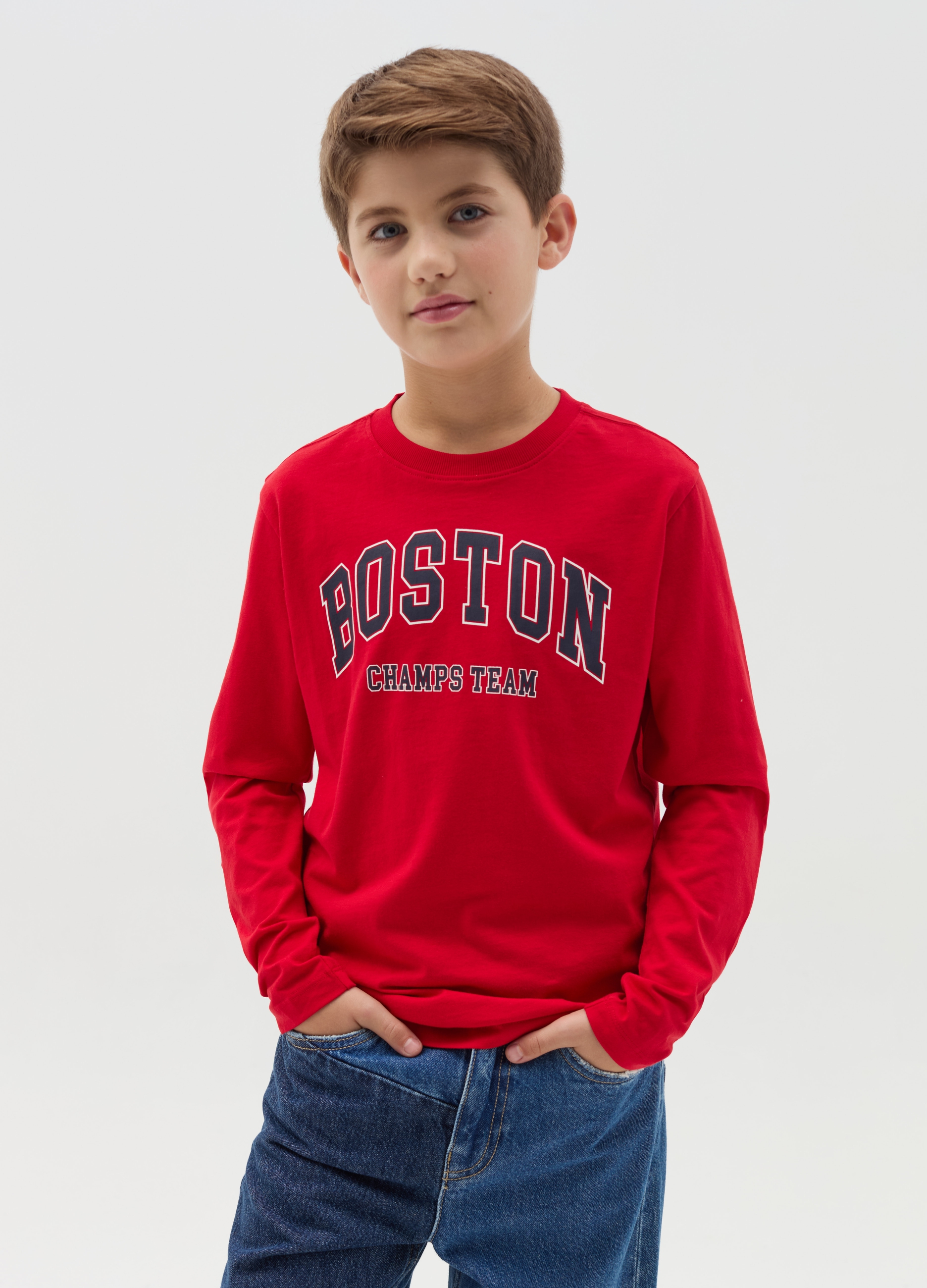 OVS KIDS, T-shirt A Maniche Lunghe Con Stampa College, Bambino, Rosso, Taglia: 13-14