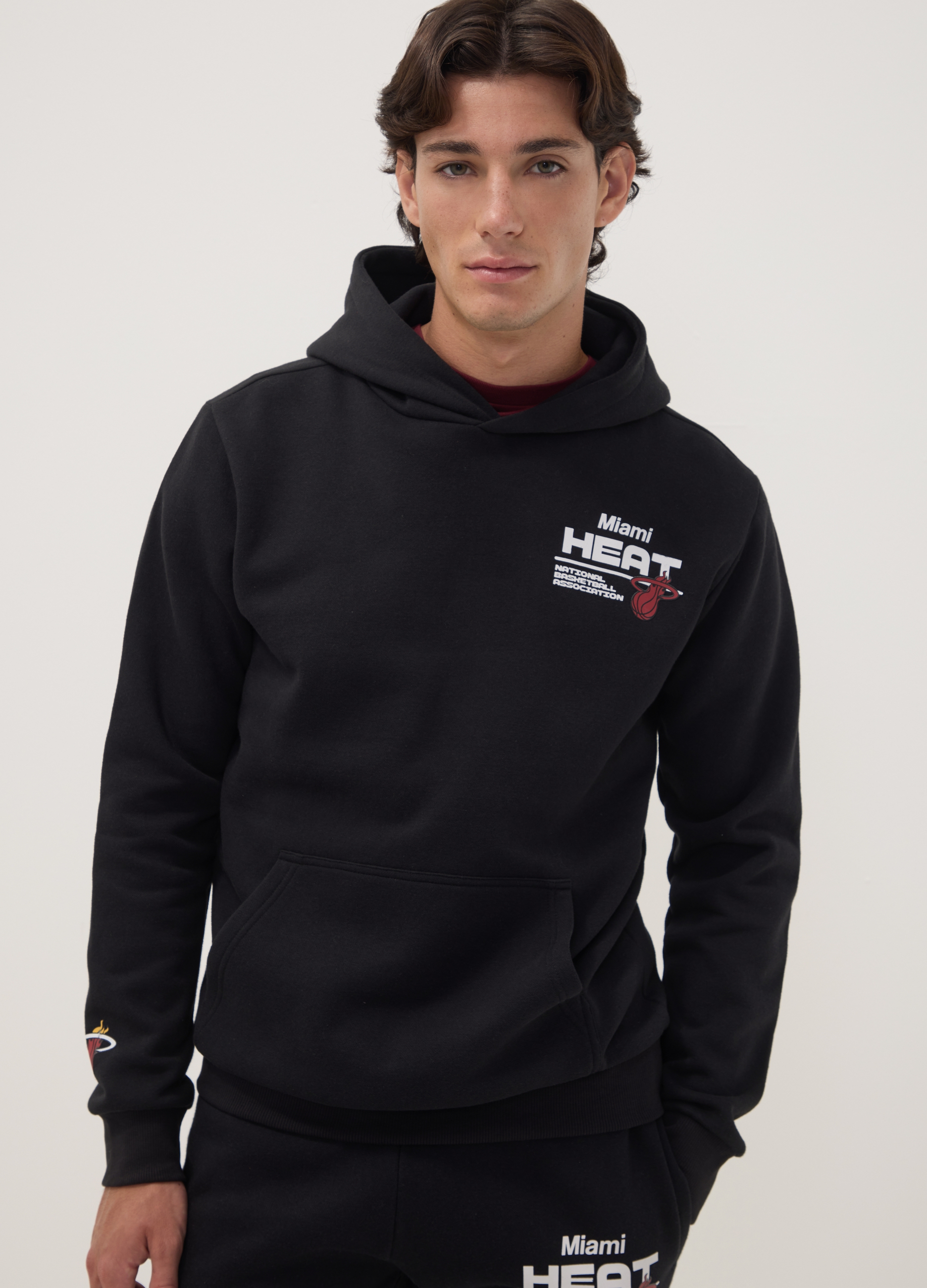 NBA, Felpa Nera Con Cappuccio In Misto Cotone Con Stampa Miami Heat, Uomo, Nero, Taglia: M