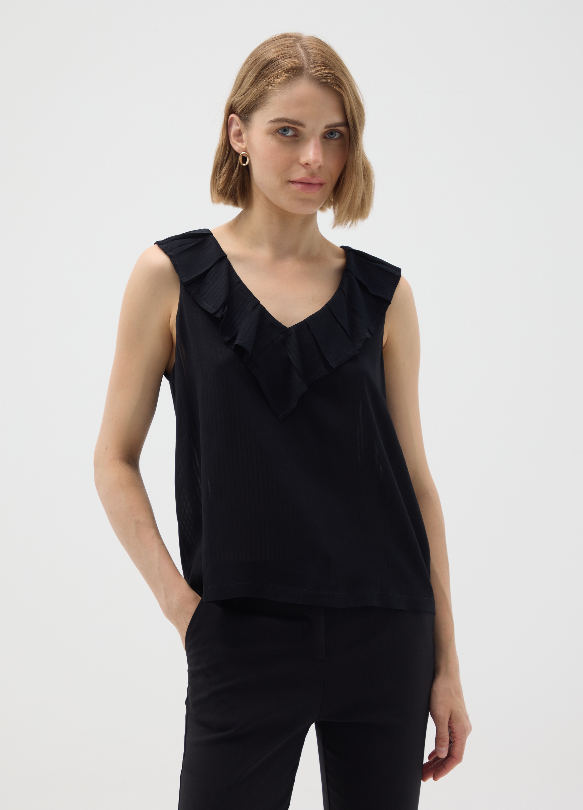 OVS, Schwarze Bluse In Reiner Viskose Oversize, Frau, Gunmetal, Größe: 36