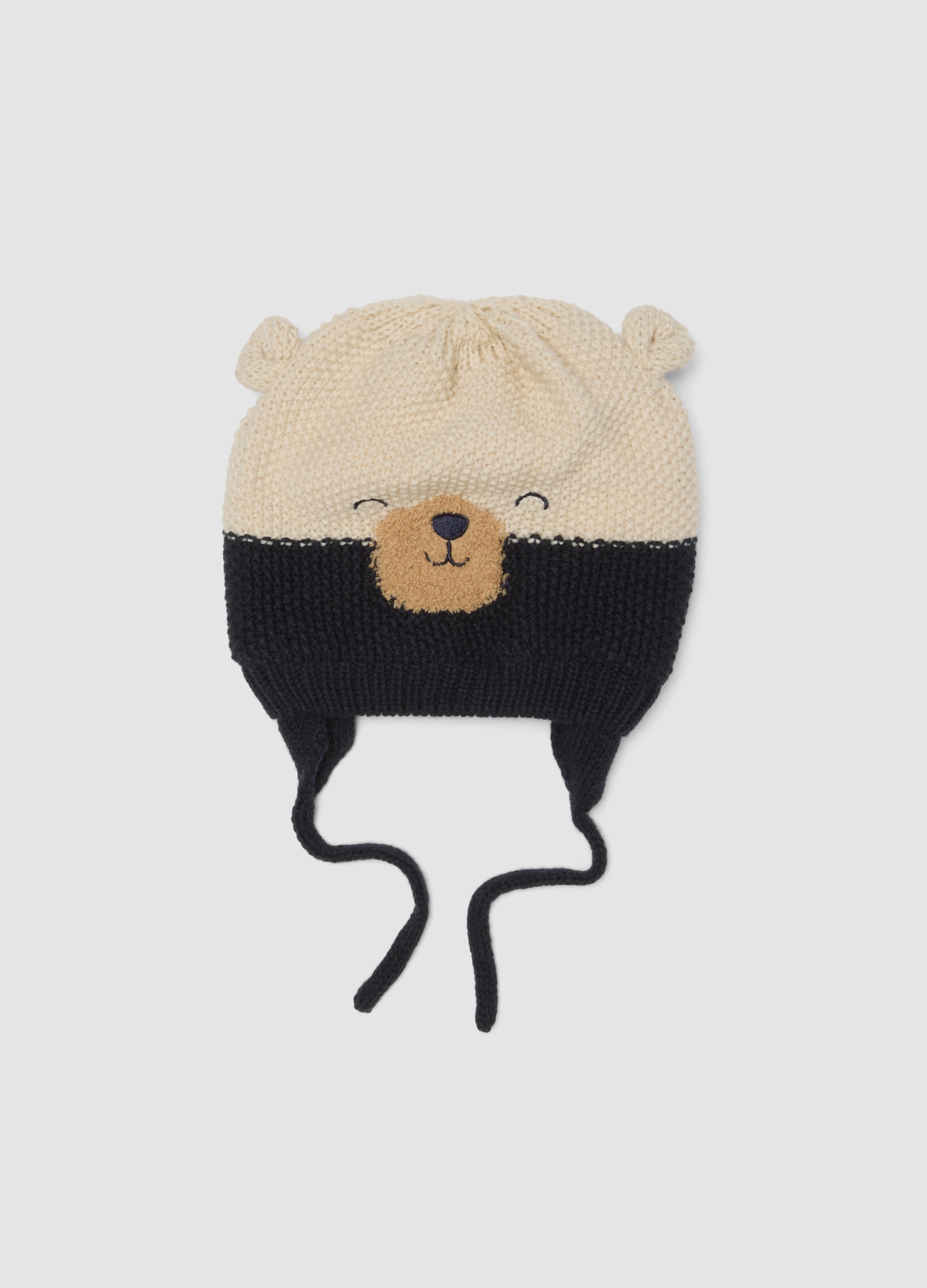 FAGOTTINO, Cappello Blu In Maglia Con Orsetto E Laccetti, Bambino, Blu, Taglia: 46-48