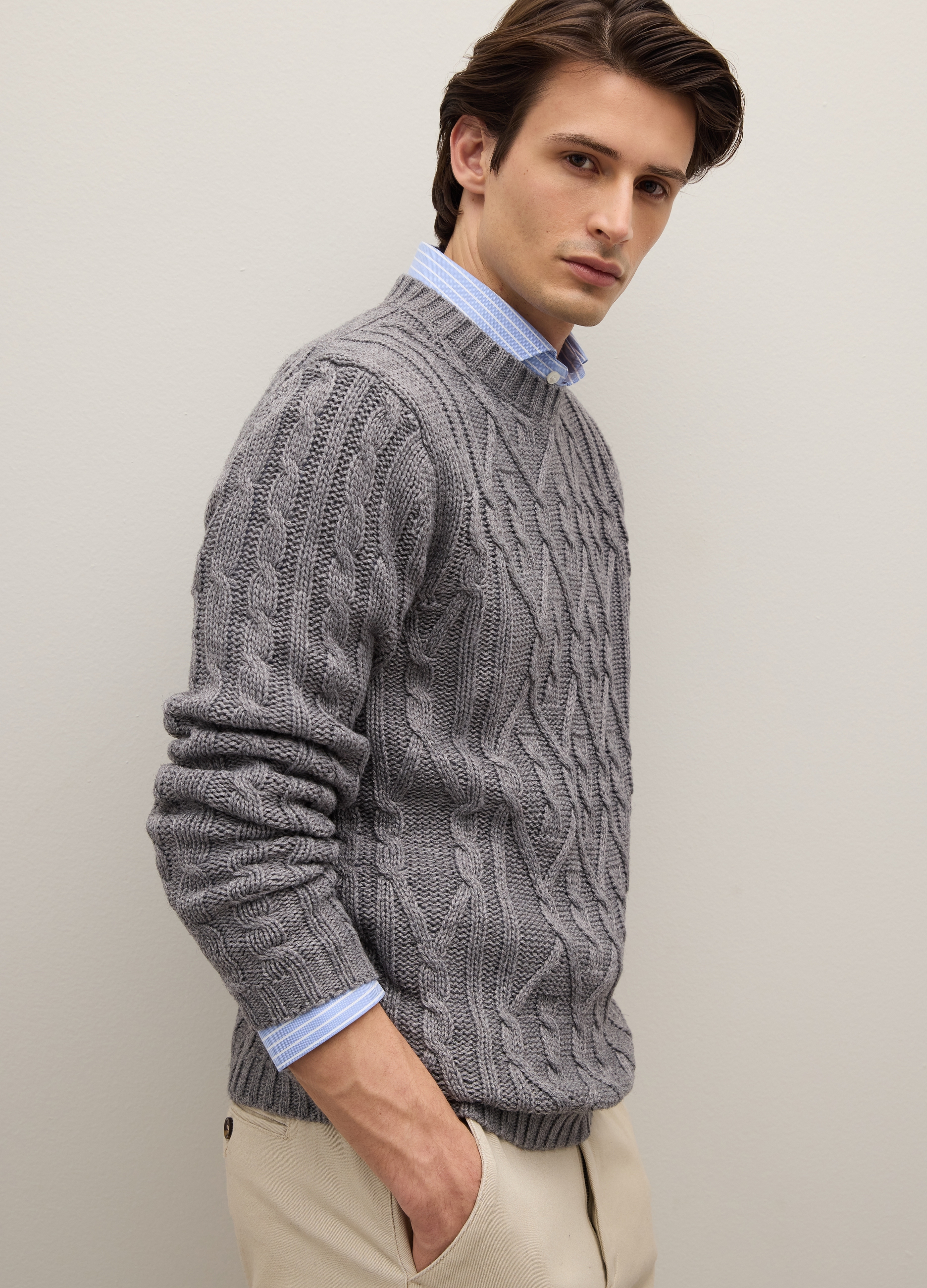 PIOMBO, Maglione Girocollo Grigio Regular Fit Con Lavorazione A Trecce, Uomo, Grigio, Taglia: XXL