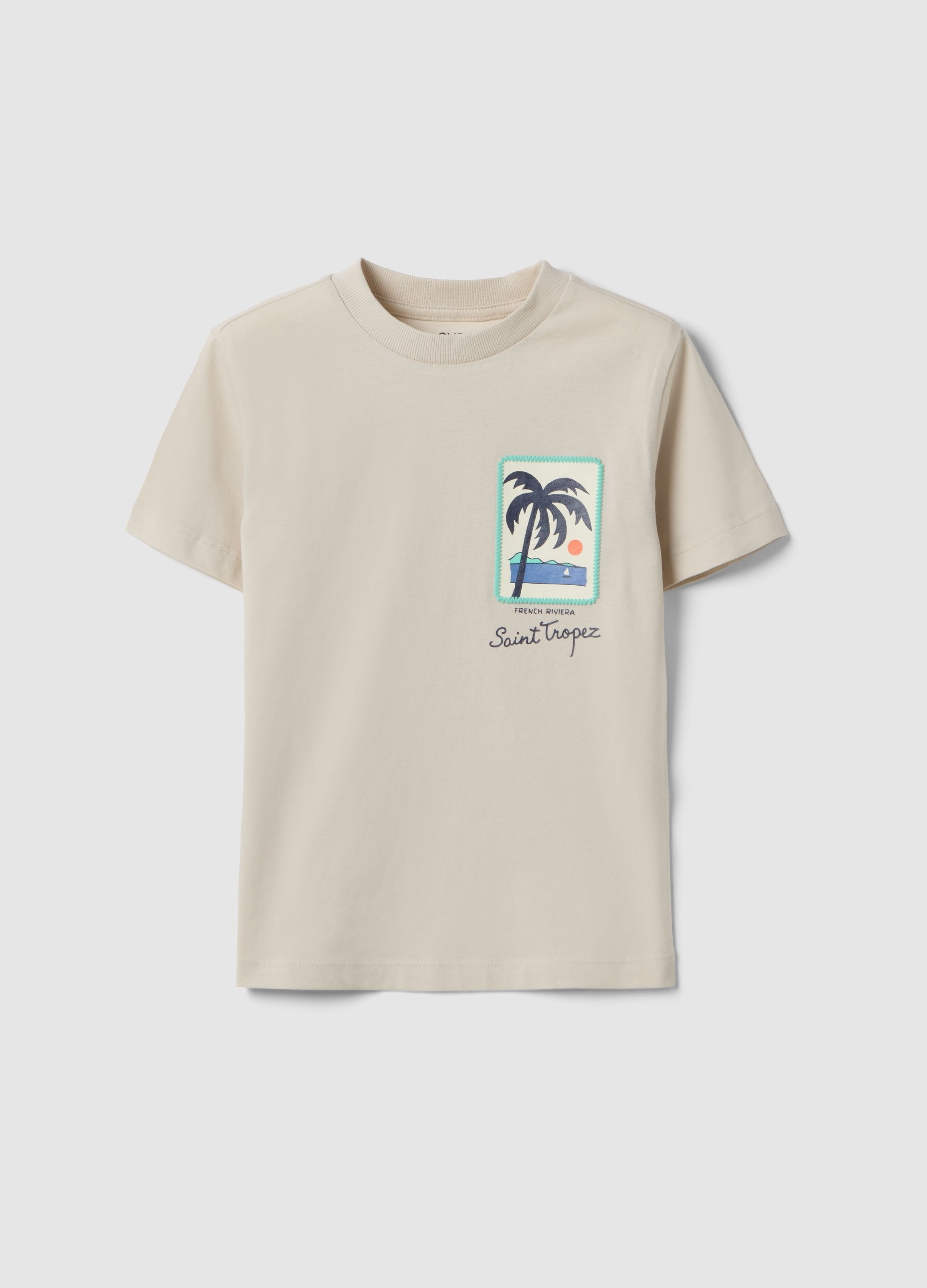 OVS KIDS, Camiseta Infantil Beige De Algodón Puro, Ajuste Regular Con Estampado De Palmeras, Niño, Beige Claro, Talla: 8-9