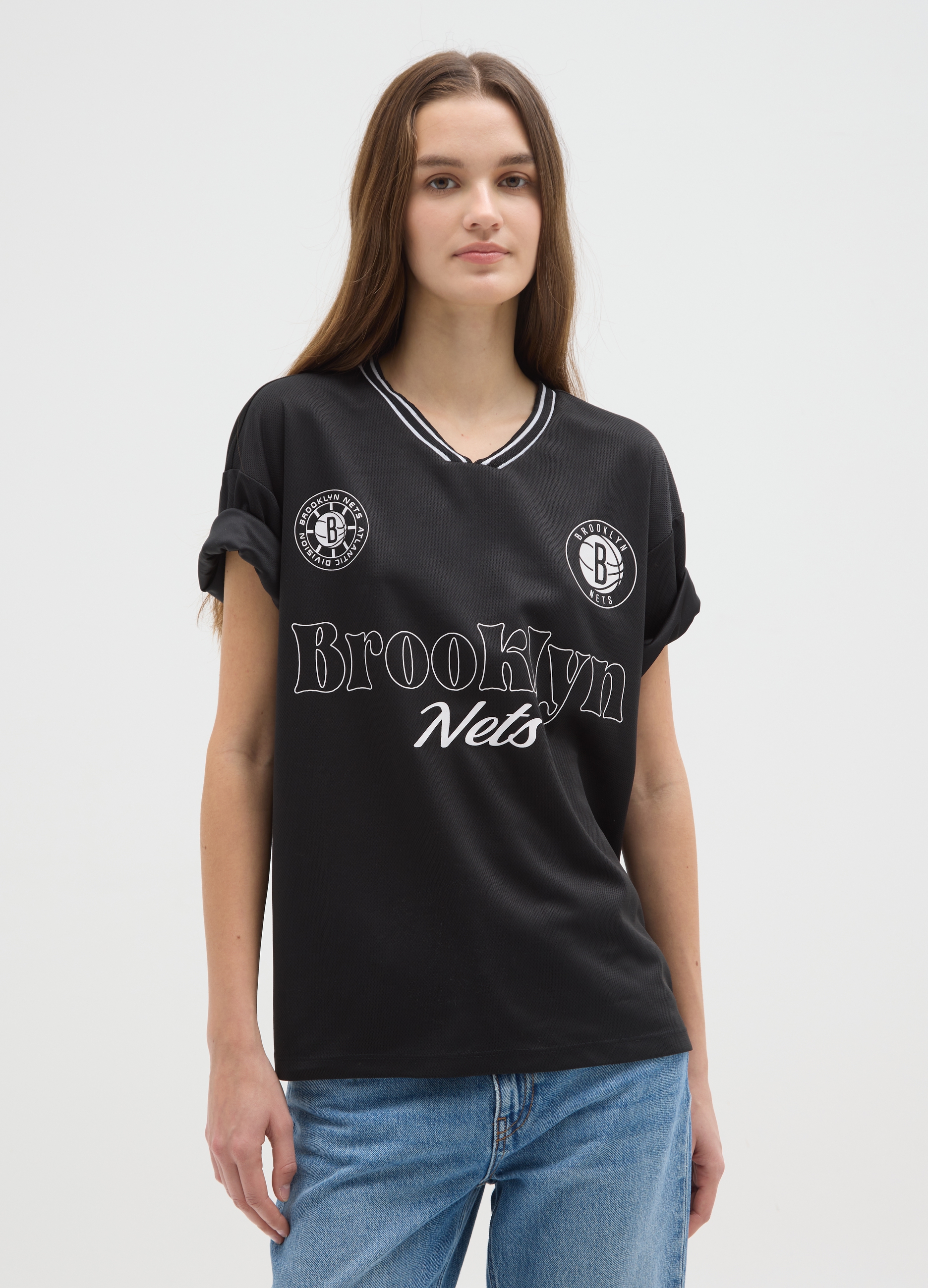 NBA, T-shirt Nera Brooklyn Nets A Maniche Corte Regular Fit, Donna, Nero, Taglia: XS