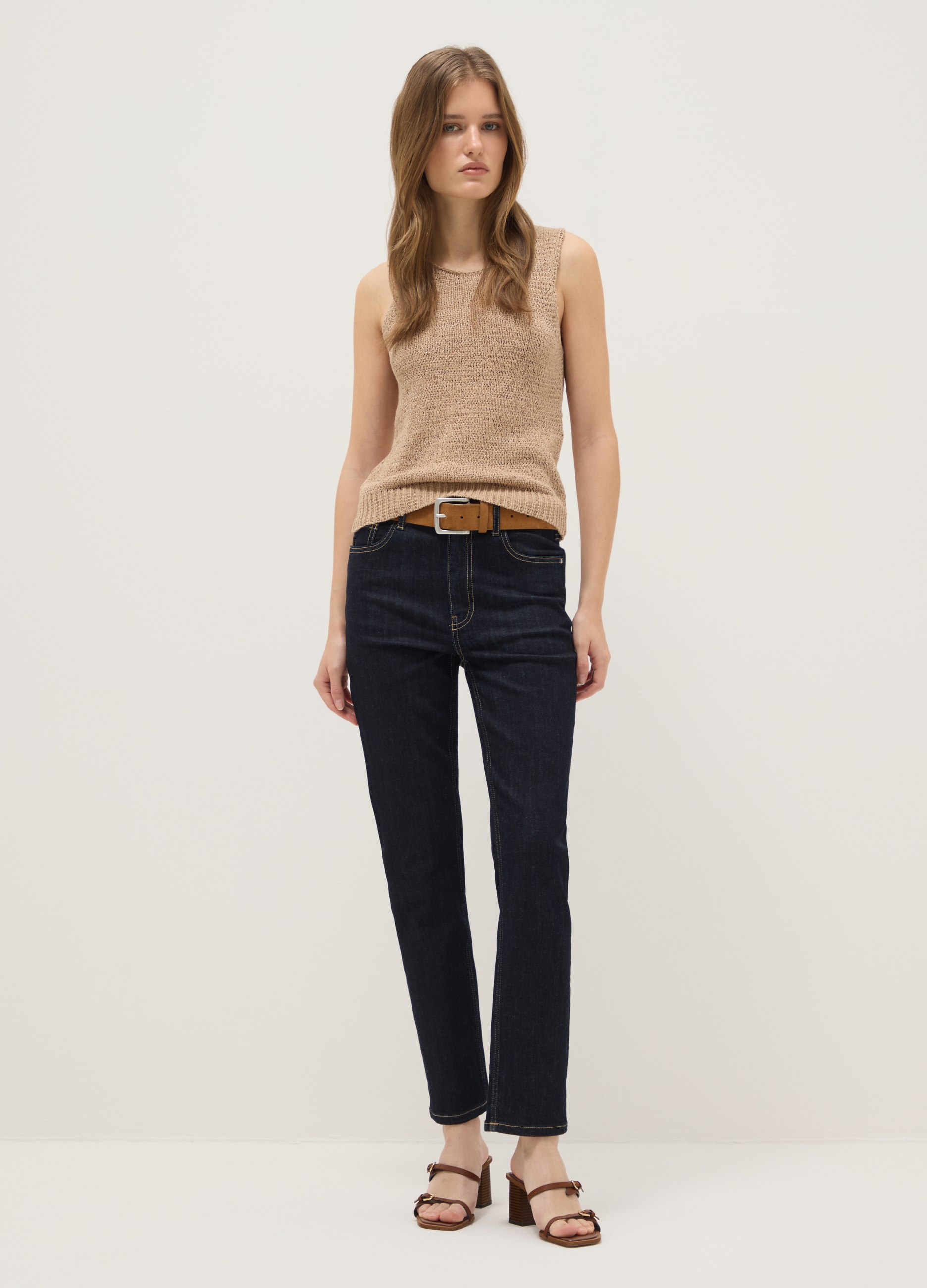 Camiseta Sin Mangas Beige En Mezcla De Algodón Ajuste Regular, Mujer, Beige Jaspeado, Talla: 40