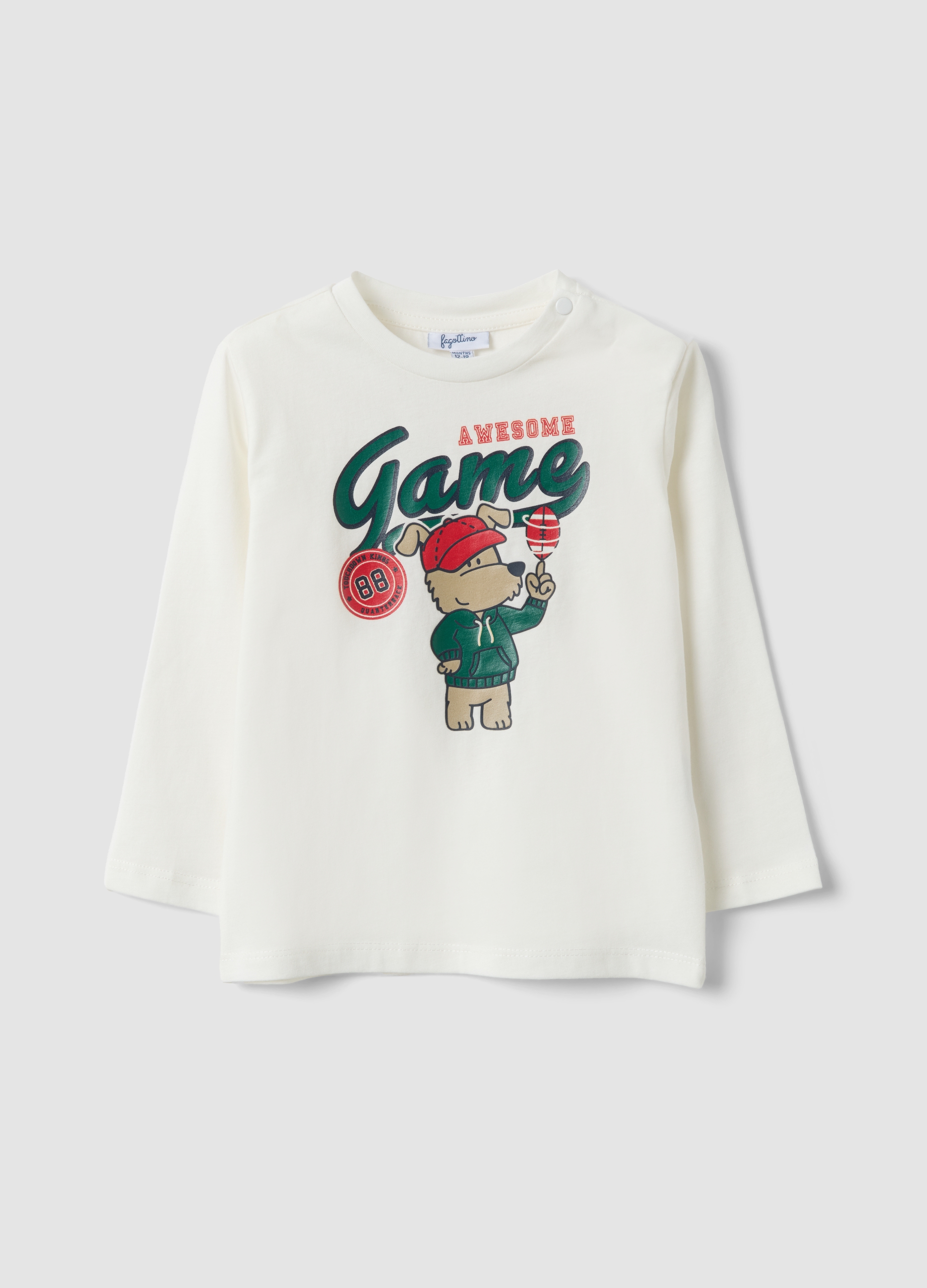 FAGOTTINO, T-shirt Bianca In Puro Cotone Organico Con Stampa Cagnolino Per Bimbo, Bambino, Bianco, Taglia: 9-12
