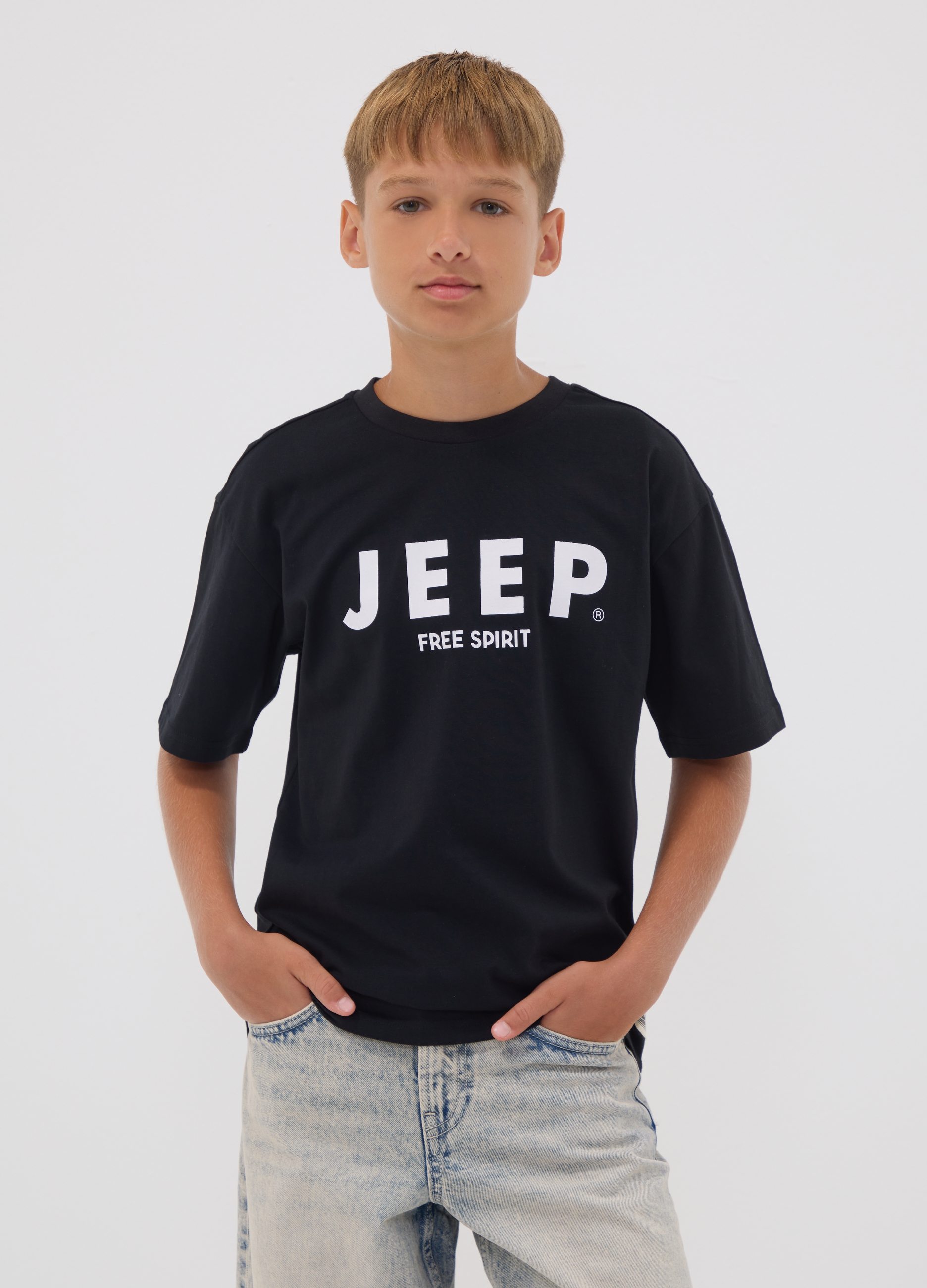 JEEP, T-shirt Nera In Puro Cotone A Maniche Corte Con Scritta Jeep, Bambino, Nero, Taglia: 10-11