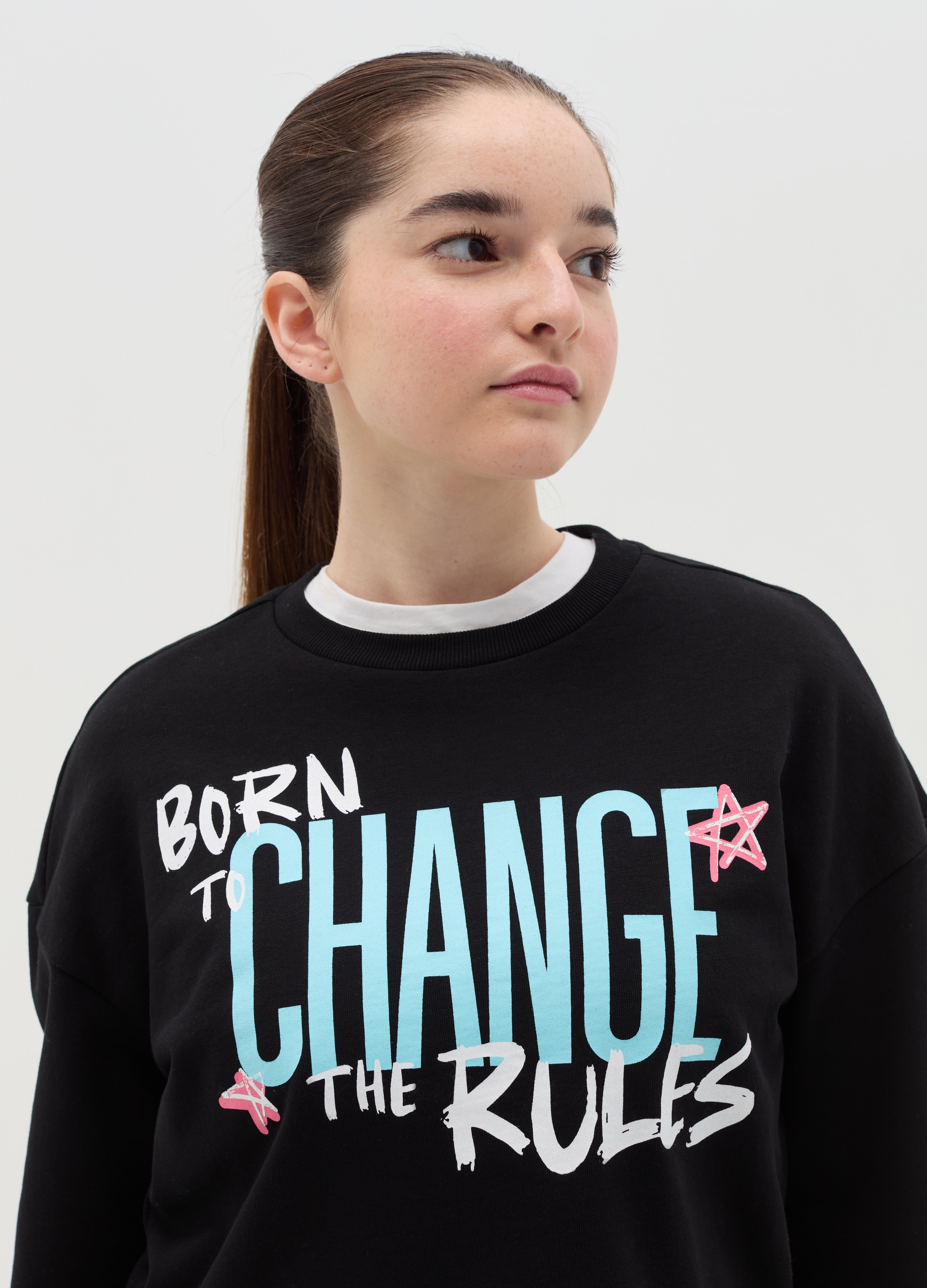 OVS KIDS, Felpa Crop Con Stampa, Bambina, Nero, Taglia: 13-14