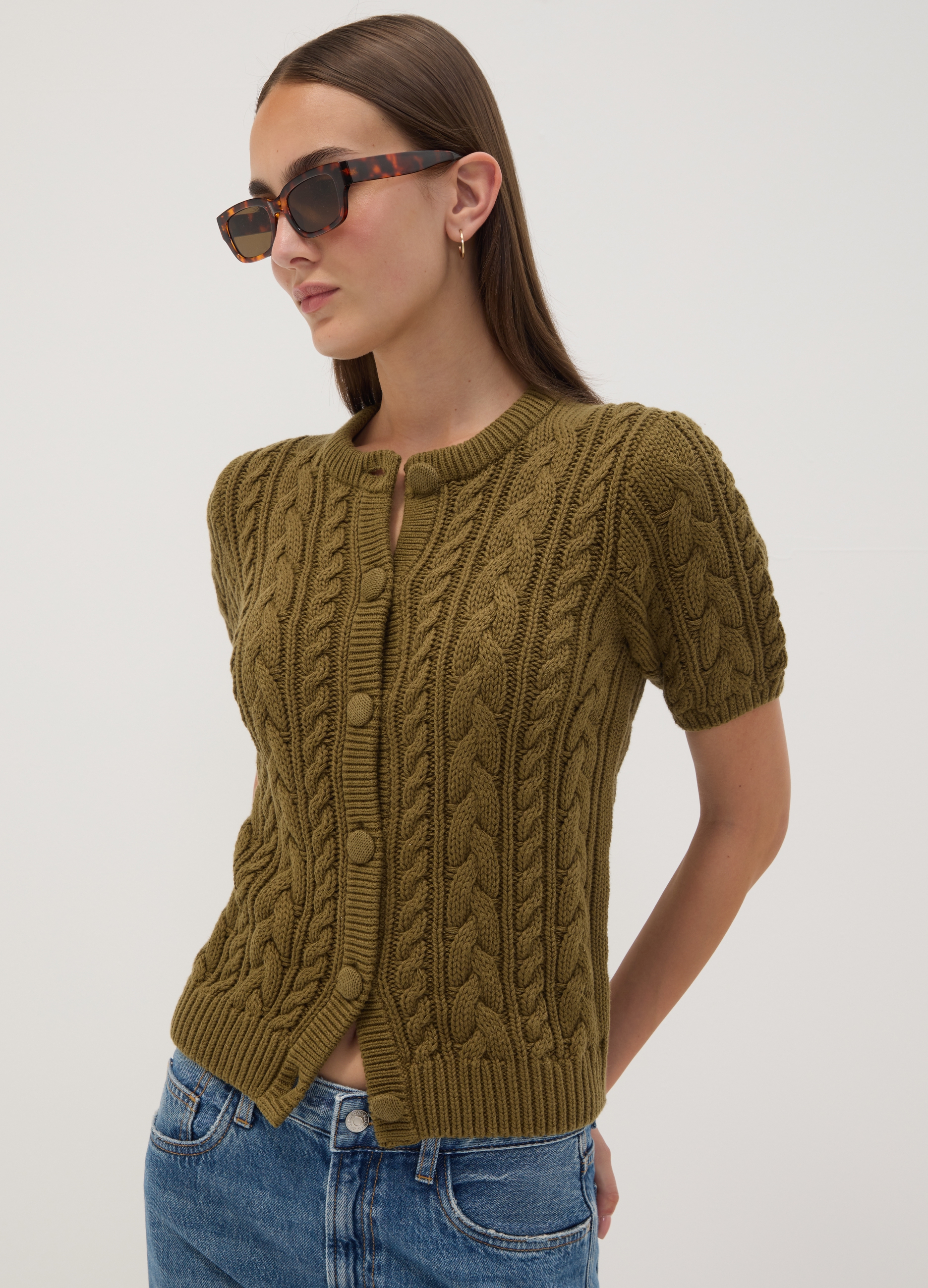 OVS, Cardigan Verde In Puro Cotone A Trecce Regular Fit, Donna, Verde, Taglia: M