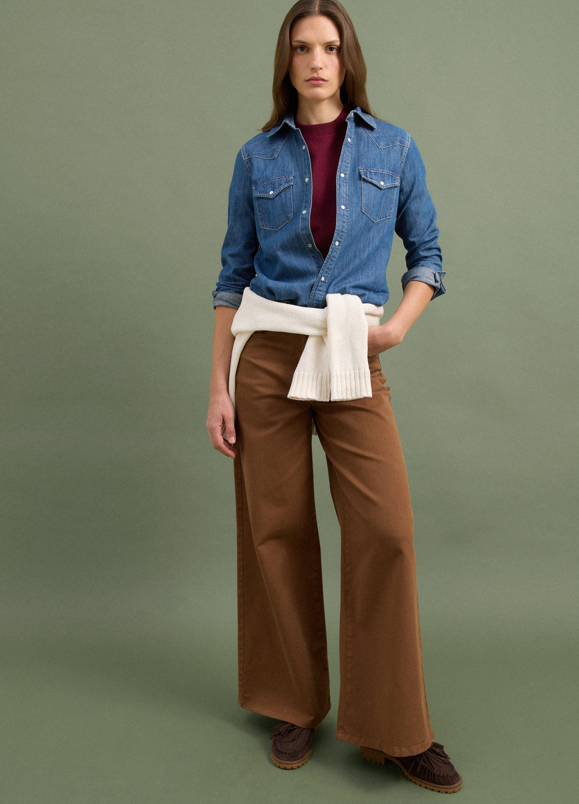 PIOMBO, Pantaloni Marroni In Cotone Elasticizzato Wide Leg, Donna, Marrone, Taglia: 42