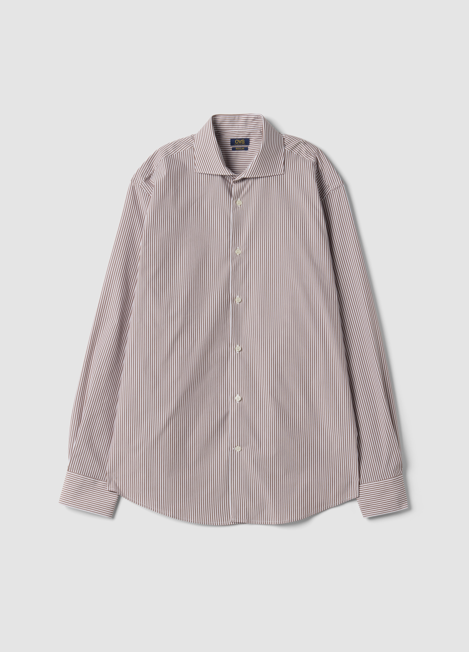 OVS, Camicia Popeline Marrone A Righe In Misto Lyocell Easy Iron, Uomo, Marrone, Taglia: 45