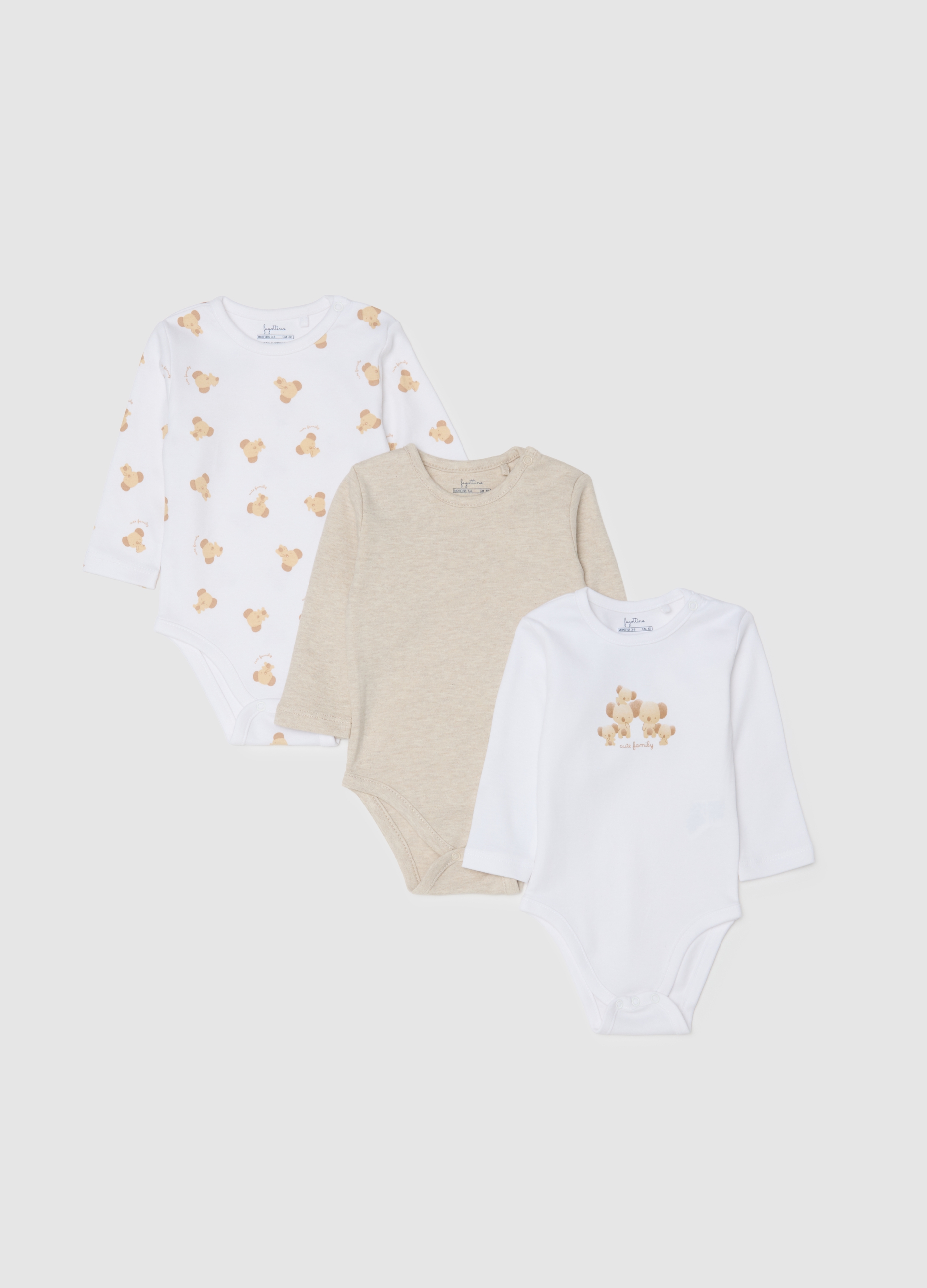 FAGOTTINO, Tripack De Bodies Multicolor Para Recién Nacidos En Algodón Puro Con Estampados, Unisex, Blanco/beige, Talla: 3-6