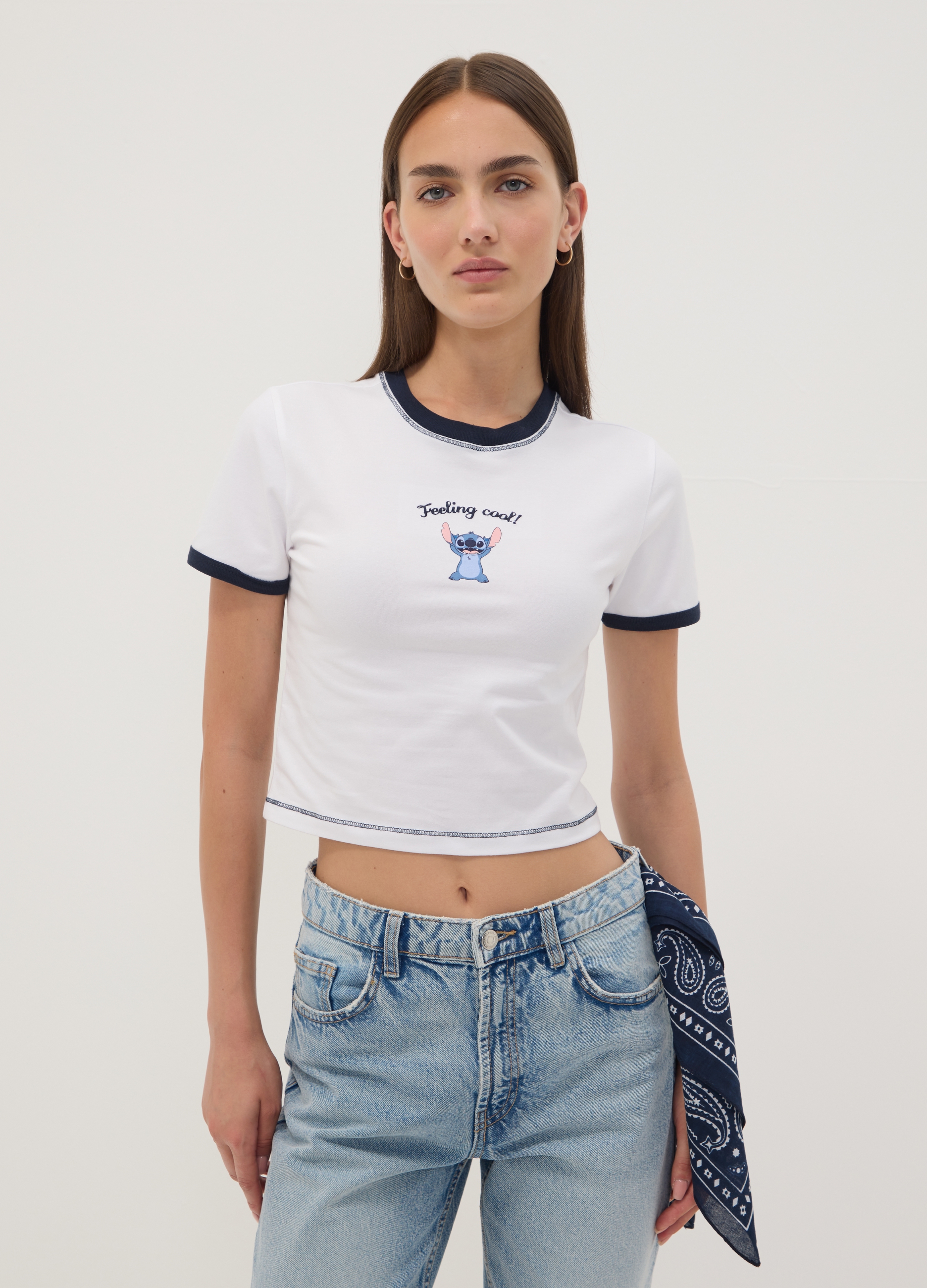 DISNEY, T-shirt Bianca In Cotone Elasticizzato Con Stampa Stitch Regular Fit, Unisex, Bianco, Taglia: M