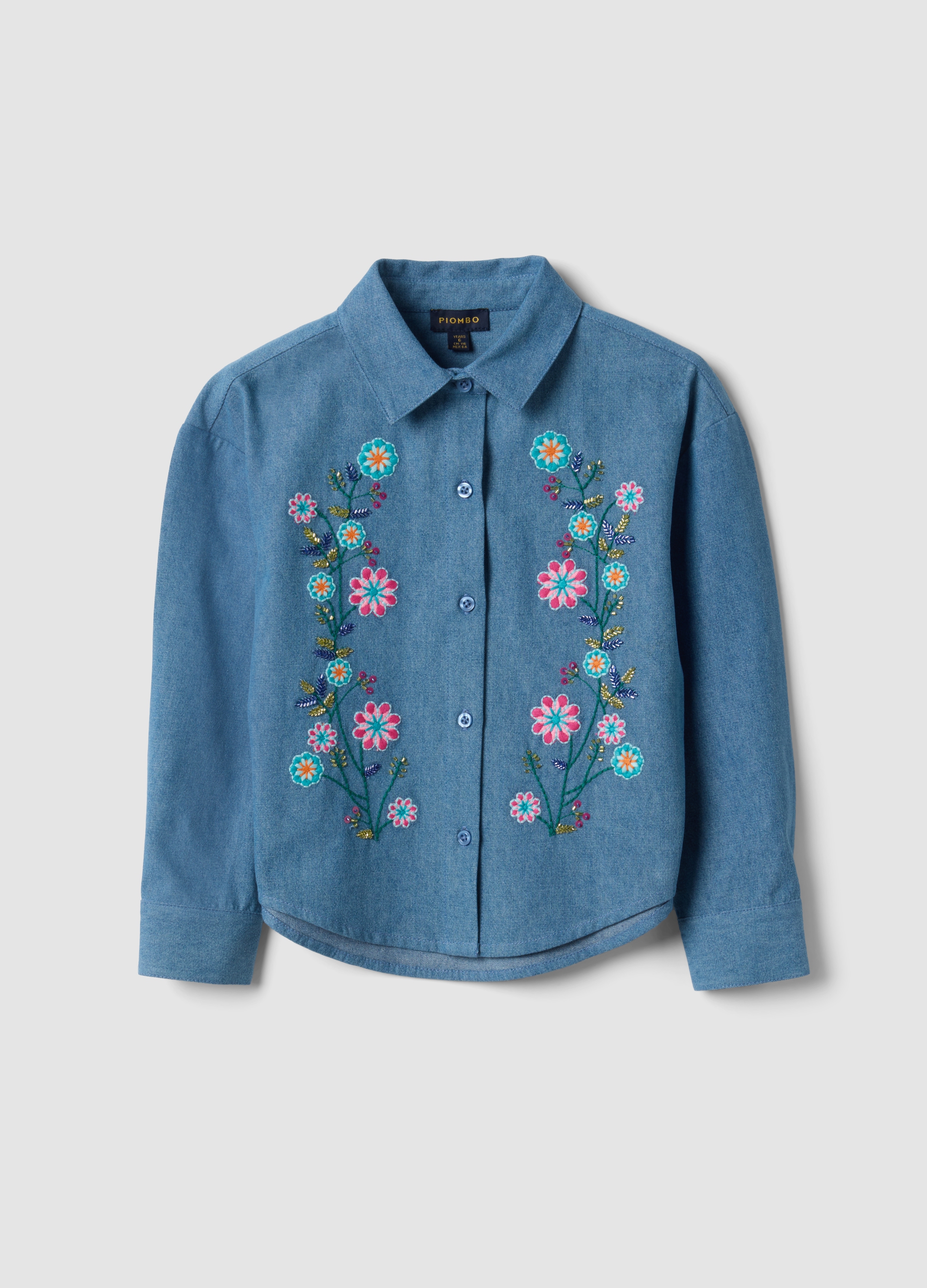 PIOMBO KIDS, Camicia Denim Azzurra In Puro Cotone Organico Ricamata, Bambina, Blu, Taglia: 8