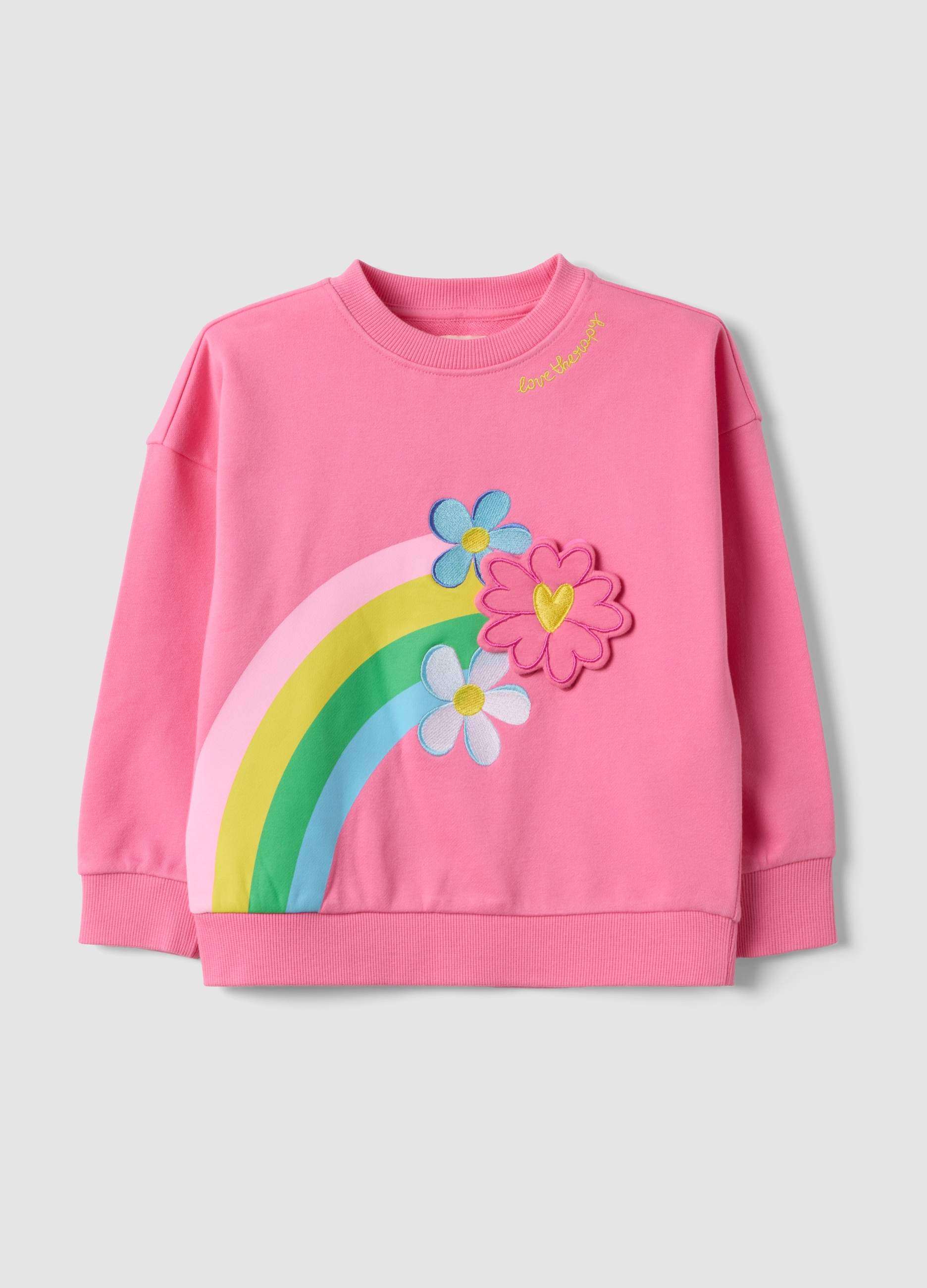 LOVE THERAPY, Felpa Rosa In Misto Cotone Con Girocollo E Stampa Arcobaleno E Fiori, Bambina, Rosa, Taglia: 9-10