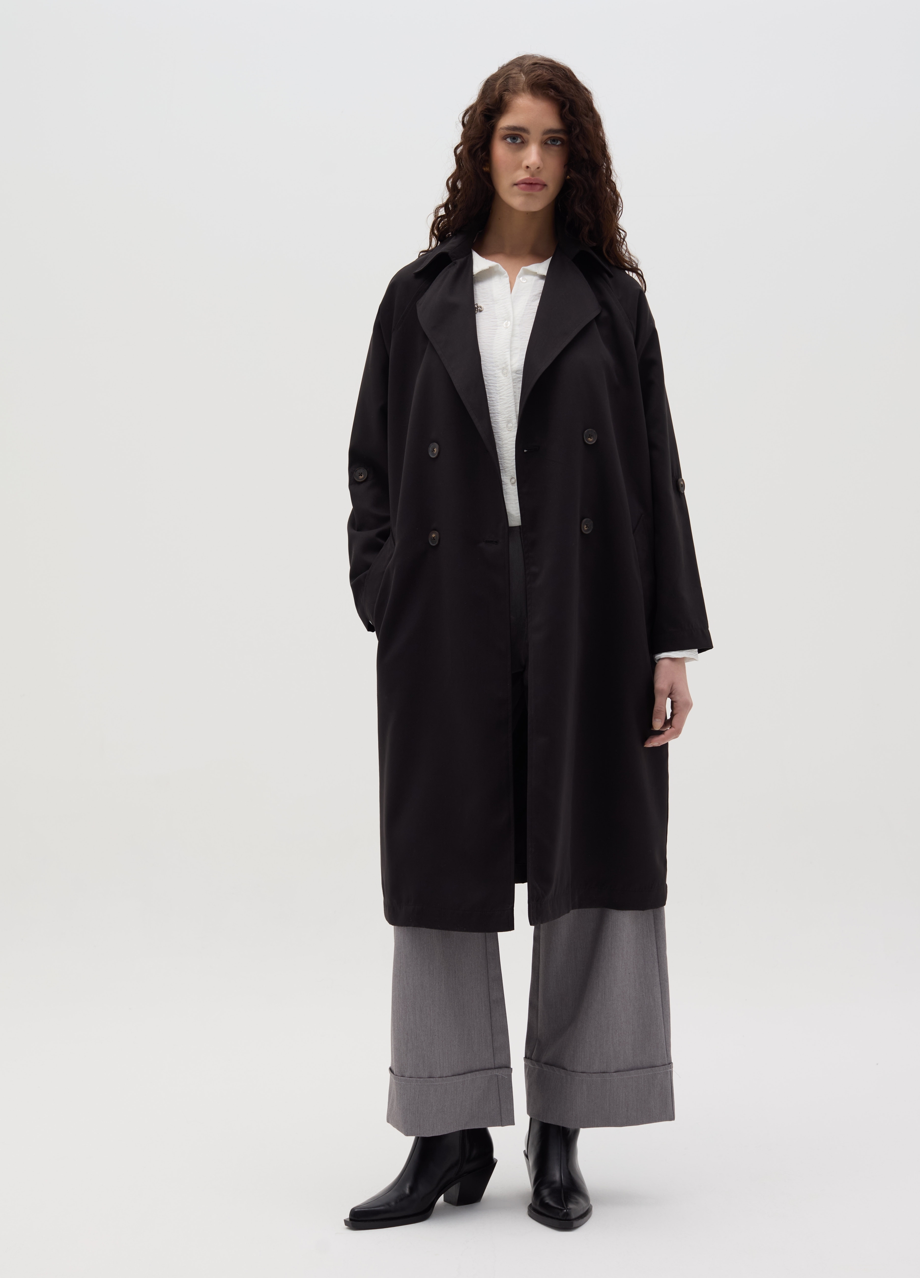 HYBRID, Trench Doppiopetto Con Bottoni E Cintura, Donna, Nero, Taglia: S