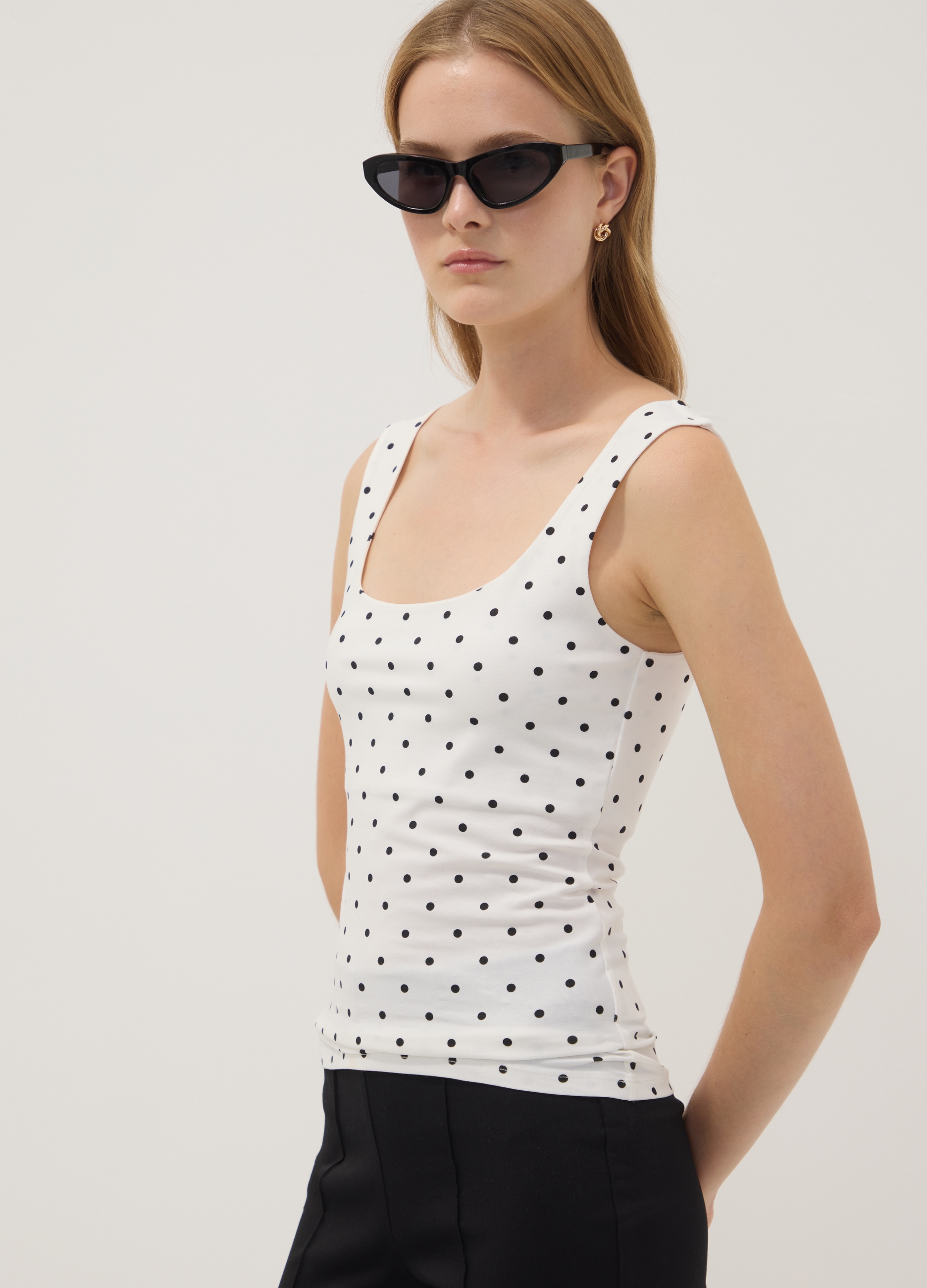 OVS, Top Bianco Fitted In Cotone Elasticizzato A Pois, Donna, Bianco, Taglia: XS