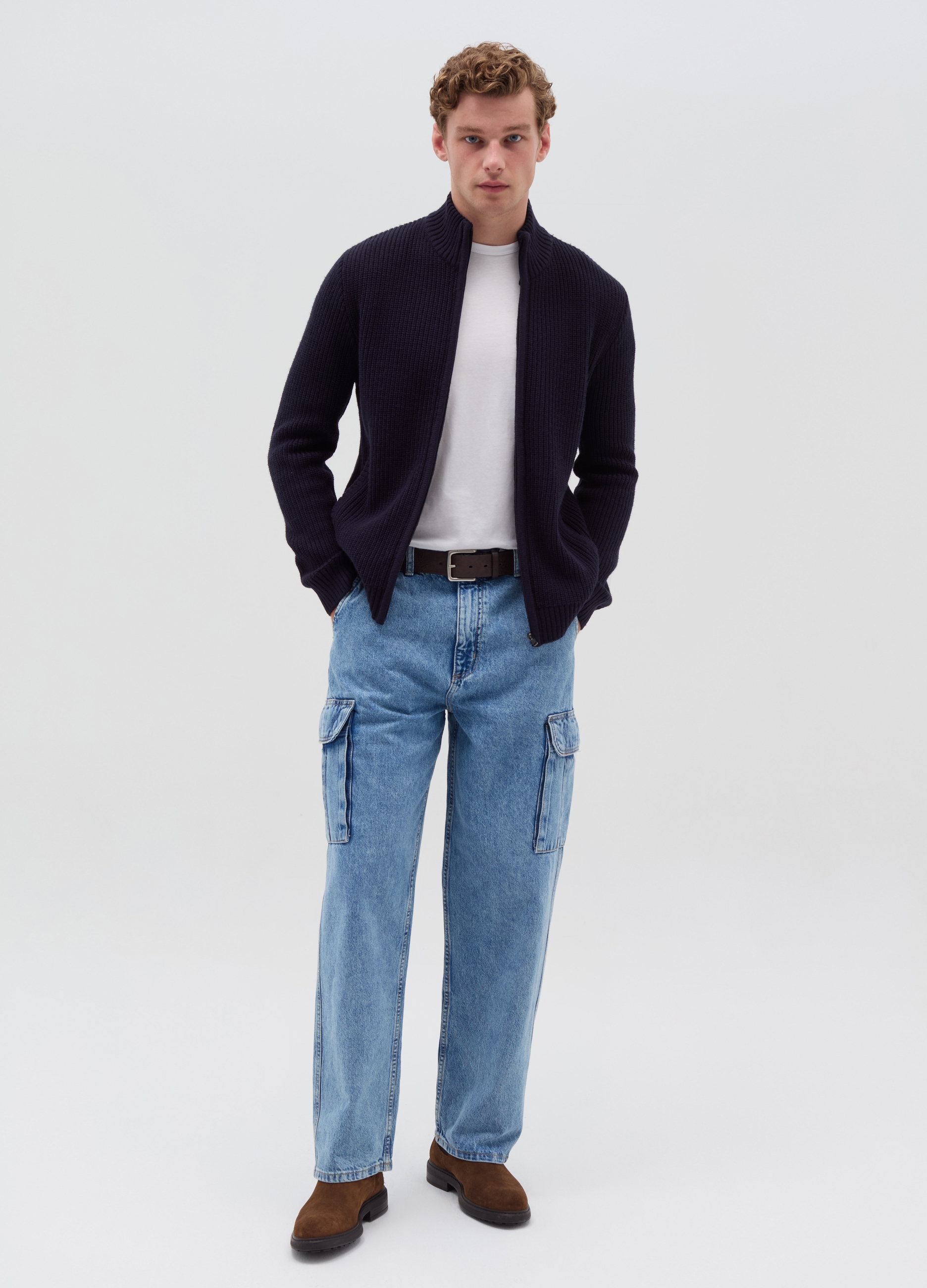 Cárdigan Con Cremallera Con Cuello Alto, Hombre, Azul Noche, Talla: S