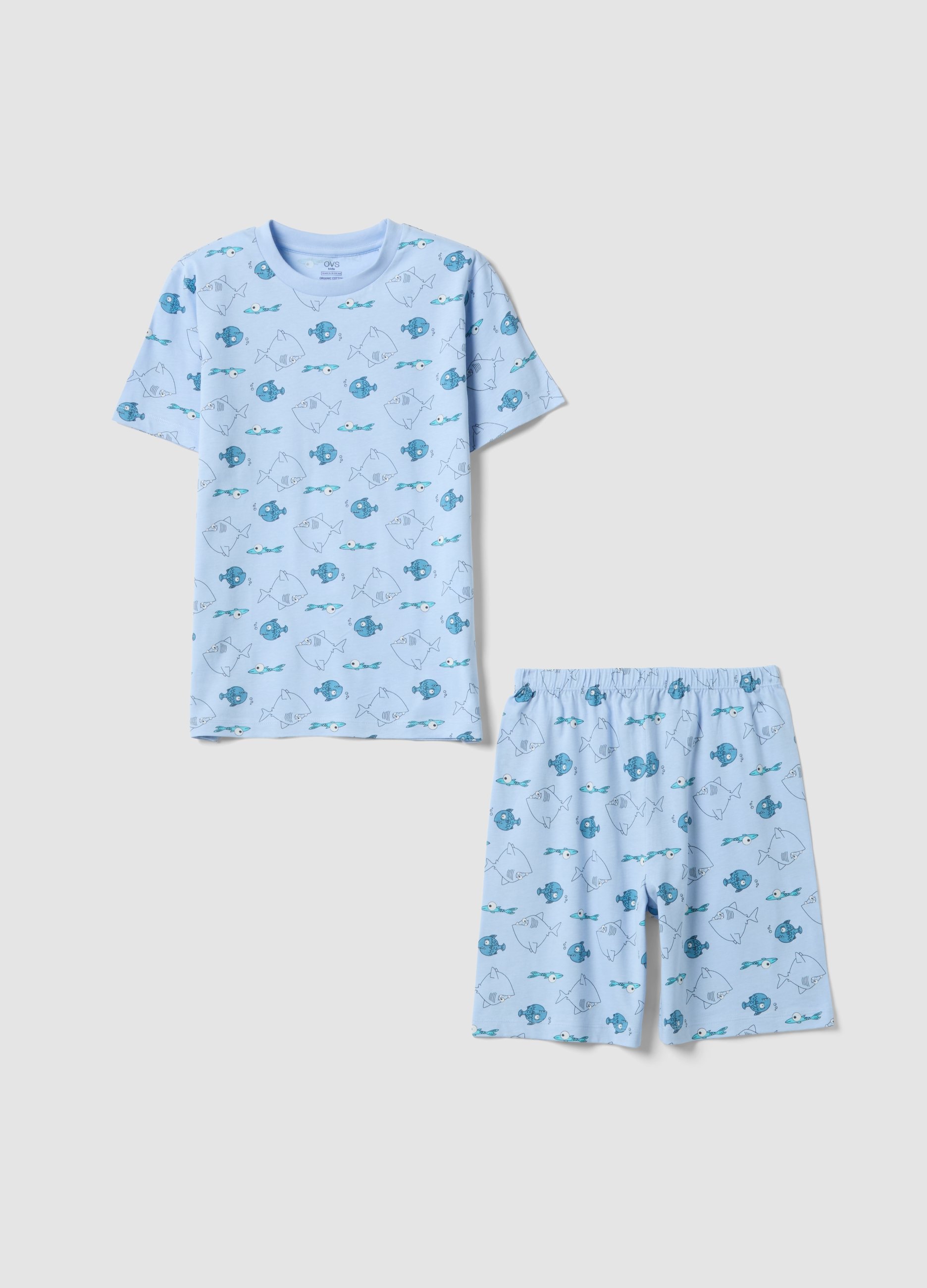 OVS KIDS, Pijama Azul De Algodón Orgánico Puro Para Niño Con Estampado De Peces, Niño, Azul Claro, Talla: 8-9