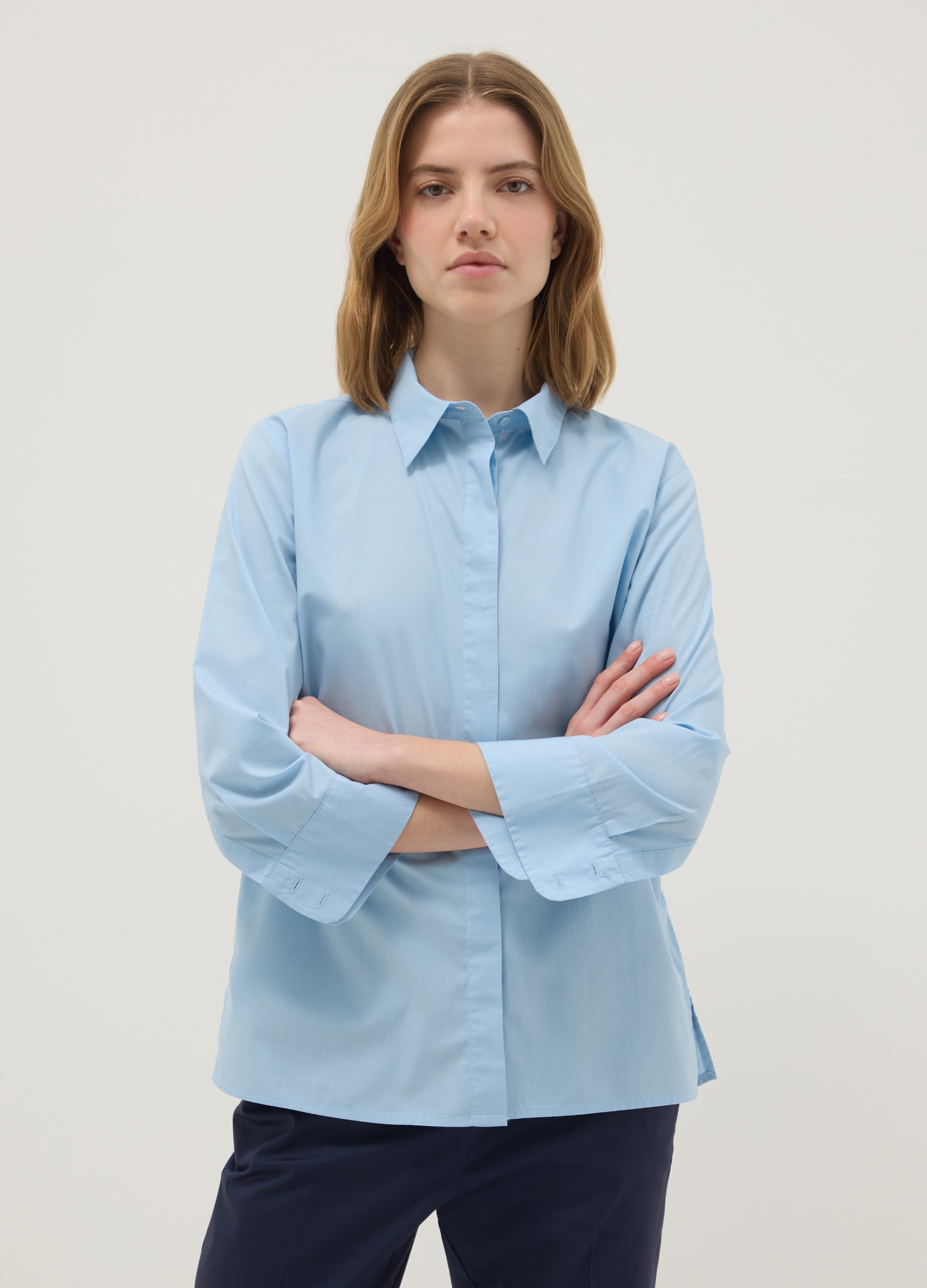 Camisa De Algodón Puro Azul Claro Ajuste Regular Con Mangas Tres Cuartos, Mujer, Azul Cielo, Talla: 42