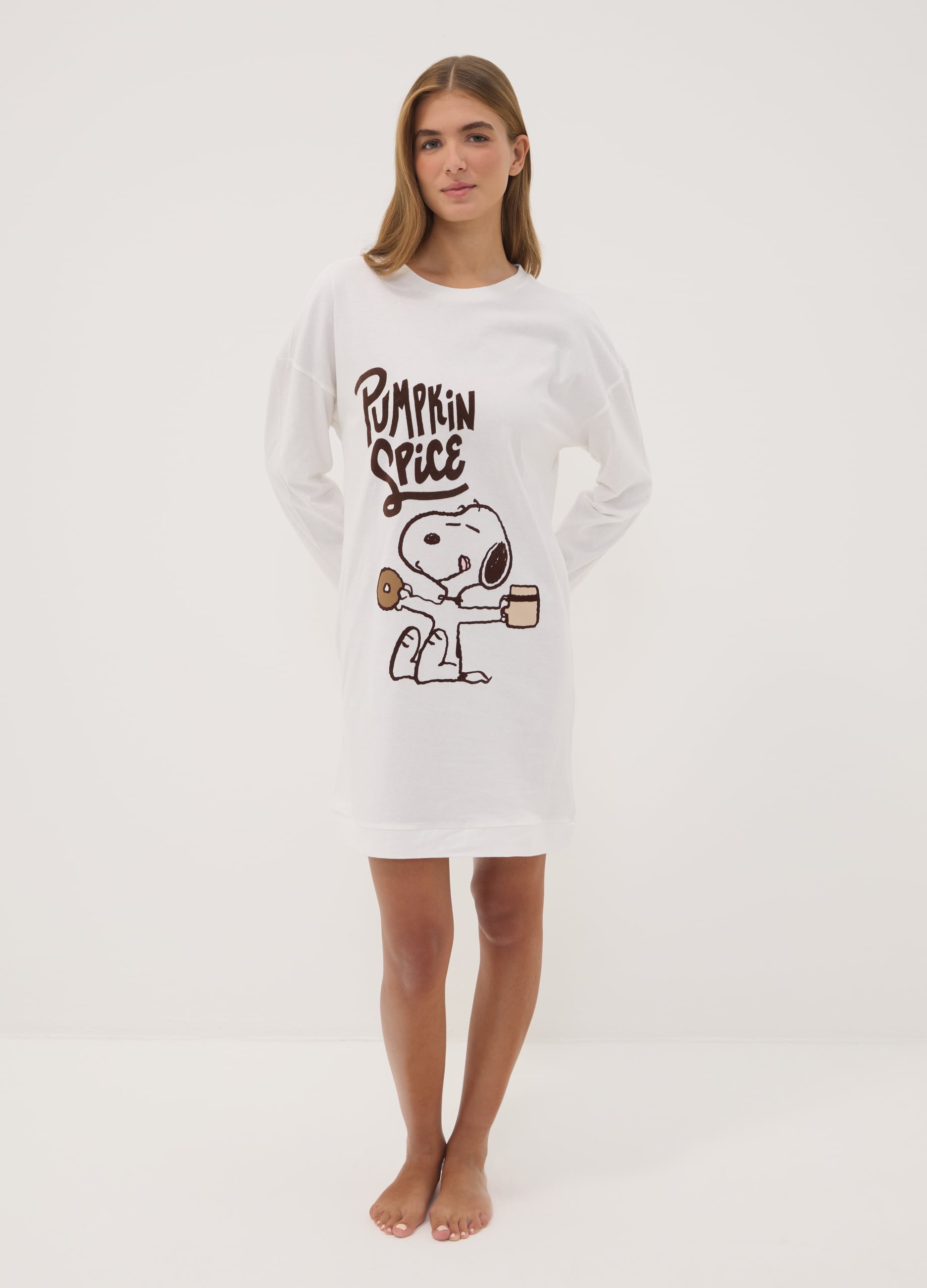 PEANUTS, Camicia Da Notte Bianco Panna In Puro Cotone Con Stampa Peanuts, Donna, Bianco, Taglia: XXL