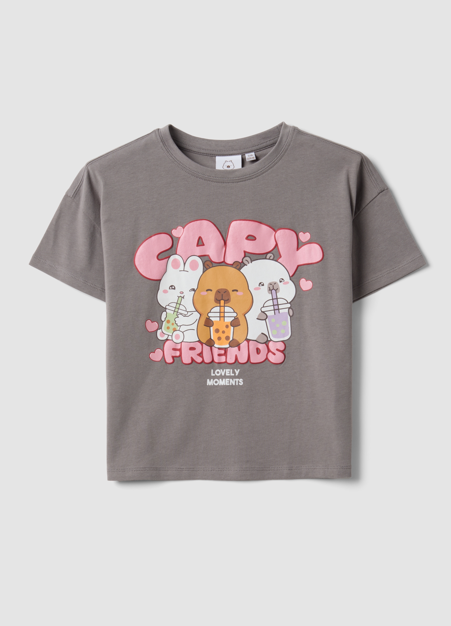 OVS KIDS, T-shirt Grigia In Cotone Elasticizzato Con Stampa Capibara Per Bambina, Grigio, Taglia: 7-8