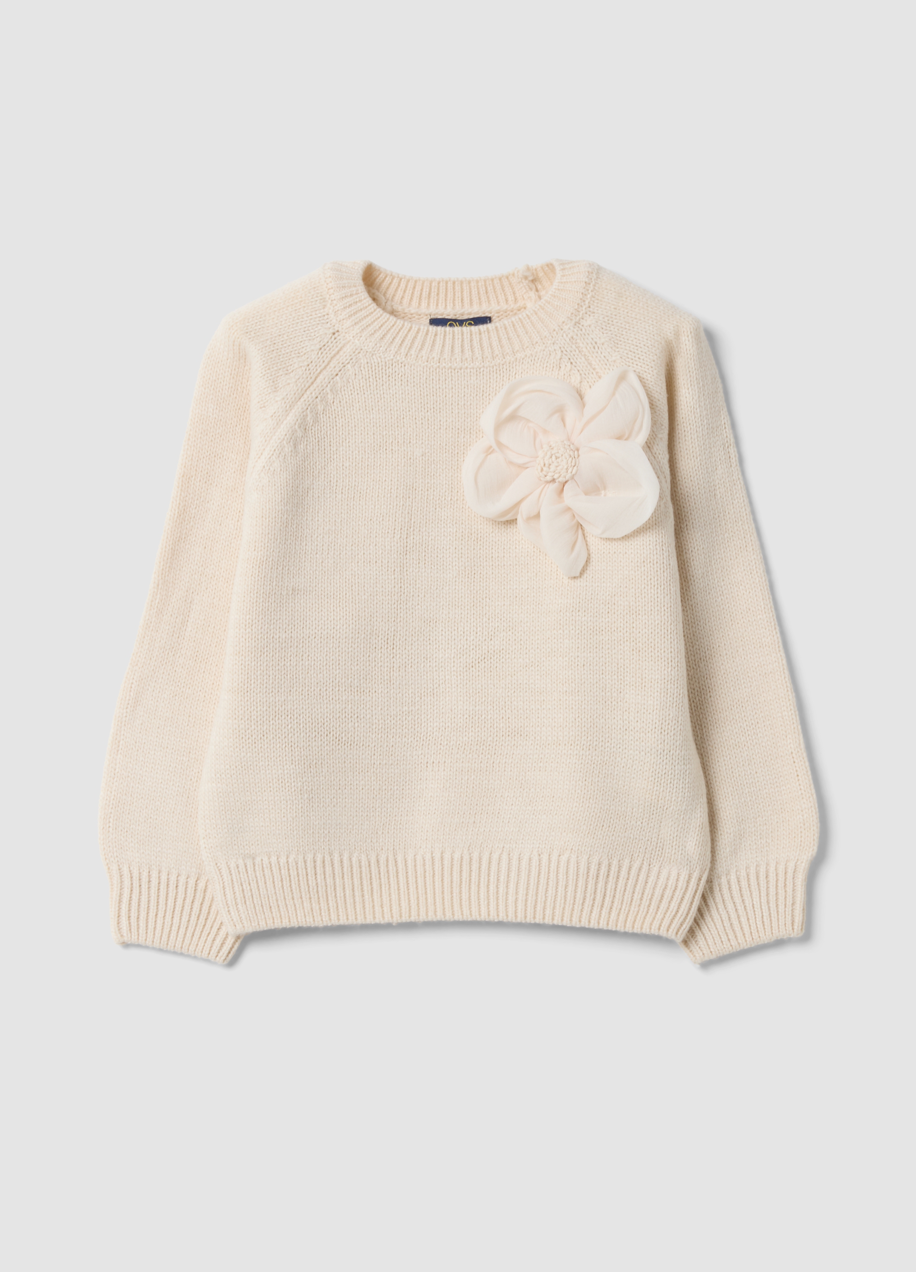 OVS KIDS, Maglione Beige Girocollo Con Fiore Regular Fit, Bambina, Beige, Taglia: 4-5