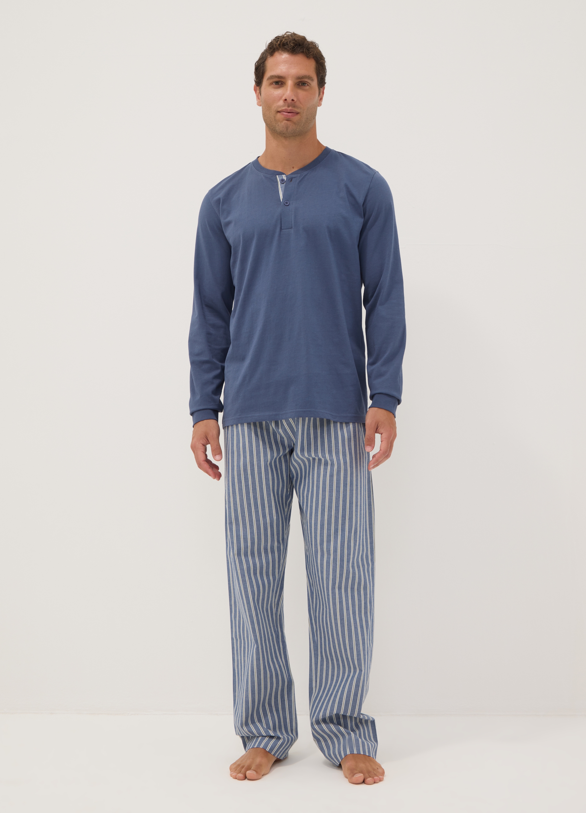 OVS, Pigiama Blu In Puro Cotone Organico Con Collo Serafino Regular Fit, Uomo, Blu, Taglia: L