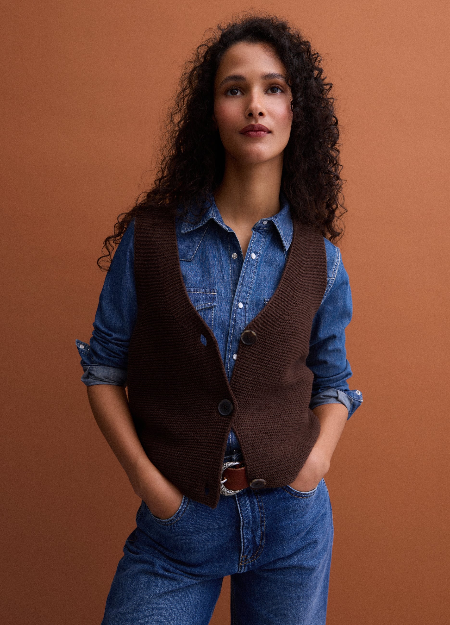 PIOMBO, Gilet Marrone In Misto Lana Con Scollo Profondo A V Regular Fit, Donna, Marrone, Taglia: XS